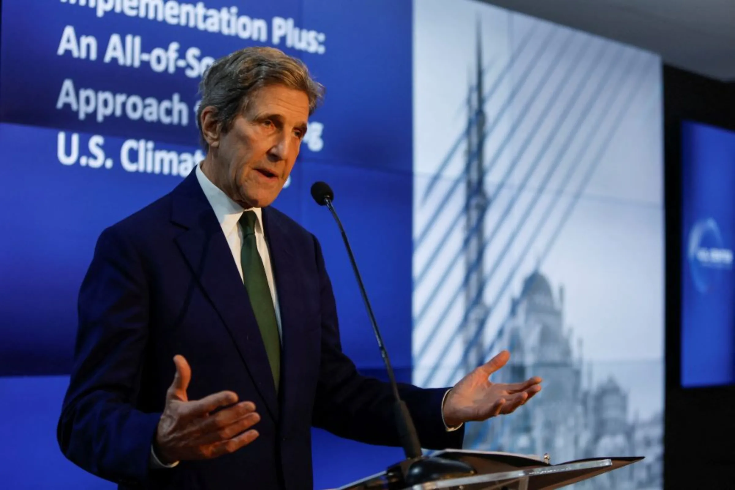 John Kerry, U.S. Special Envoy for Climate speaks as he attends the opening of the American Pavilion in the COP27 climate summit in Egypt's Red Sea resort of Sharm el-Sheikh, Egypt November 8, 2022