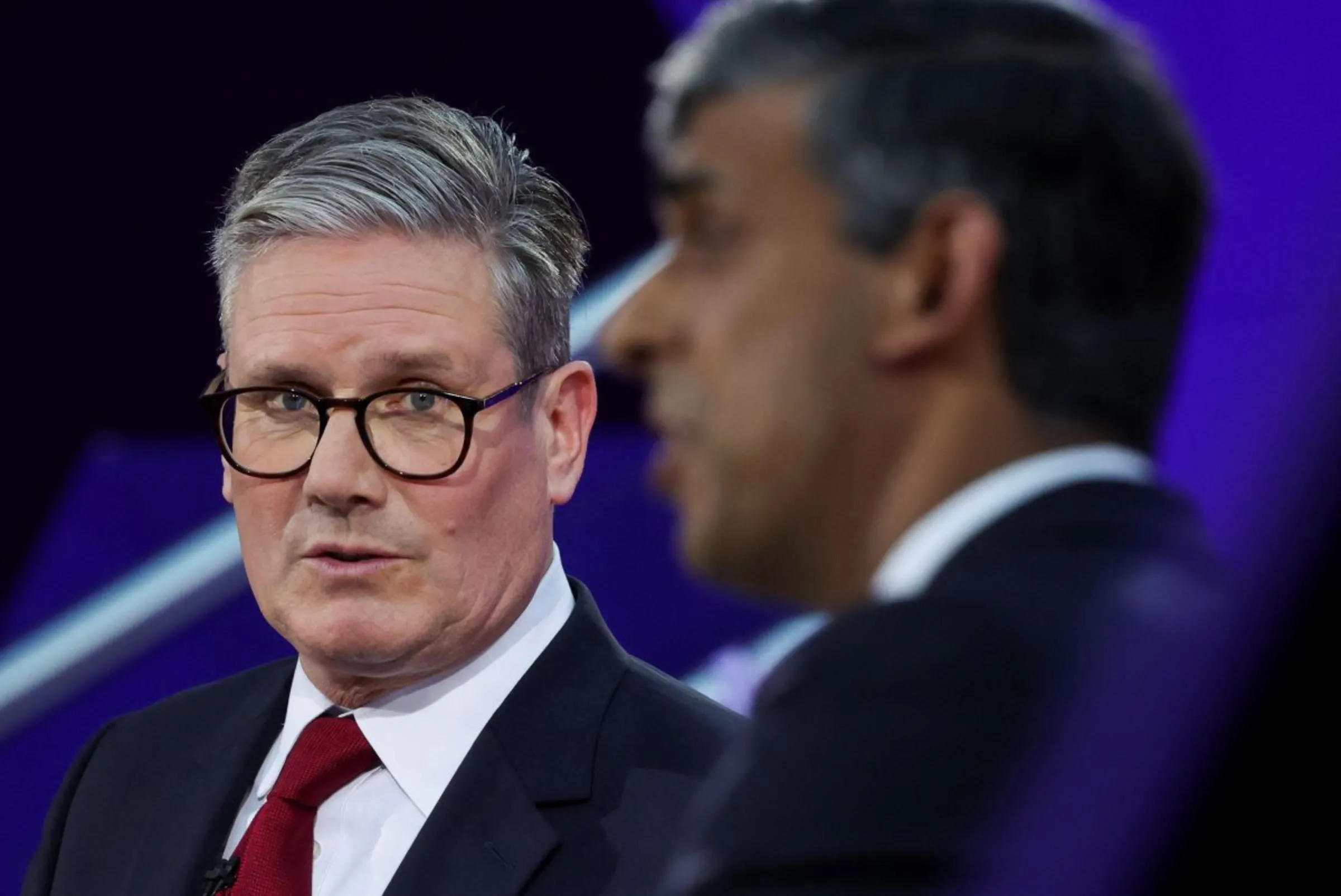 British opposition Labour Party leader Keir Starmer and British Prime Minister Rishi Sunak take part in BBC's Prime Ministerial Debate, in Nottingham, Britain, June 26, 2024. REUTERS/Phil Noble