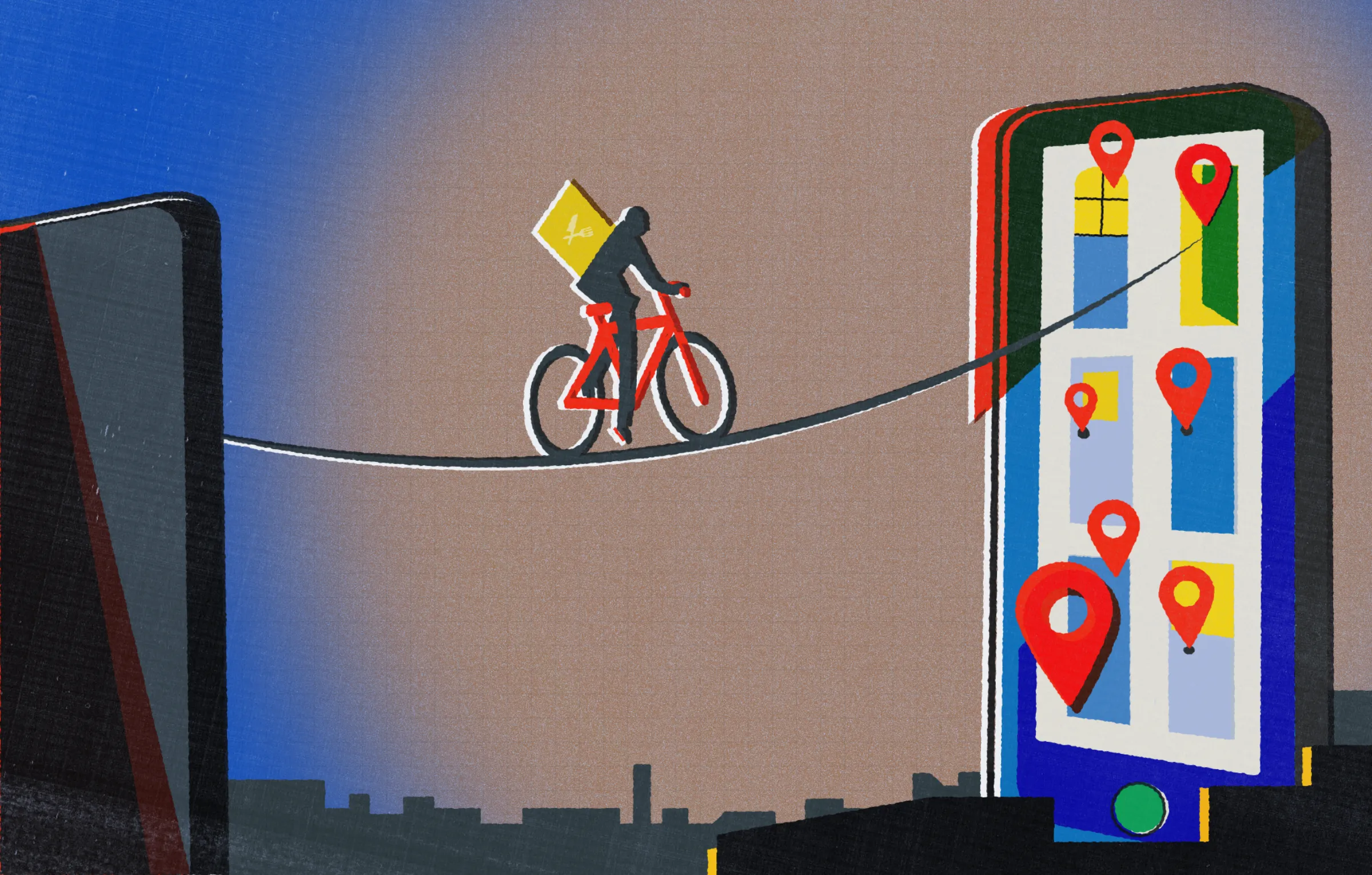 An illustration of a delivery driver cycling along a tightrope towards a phone with location apps displayed. Thomson Reuters Foundation/Surasti Kaur Puri