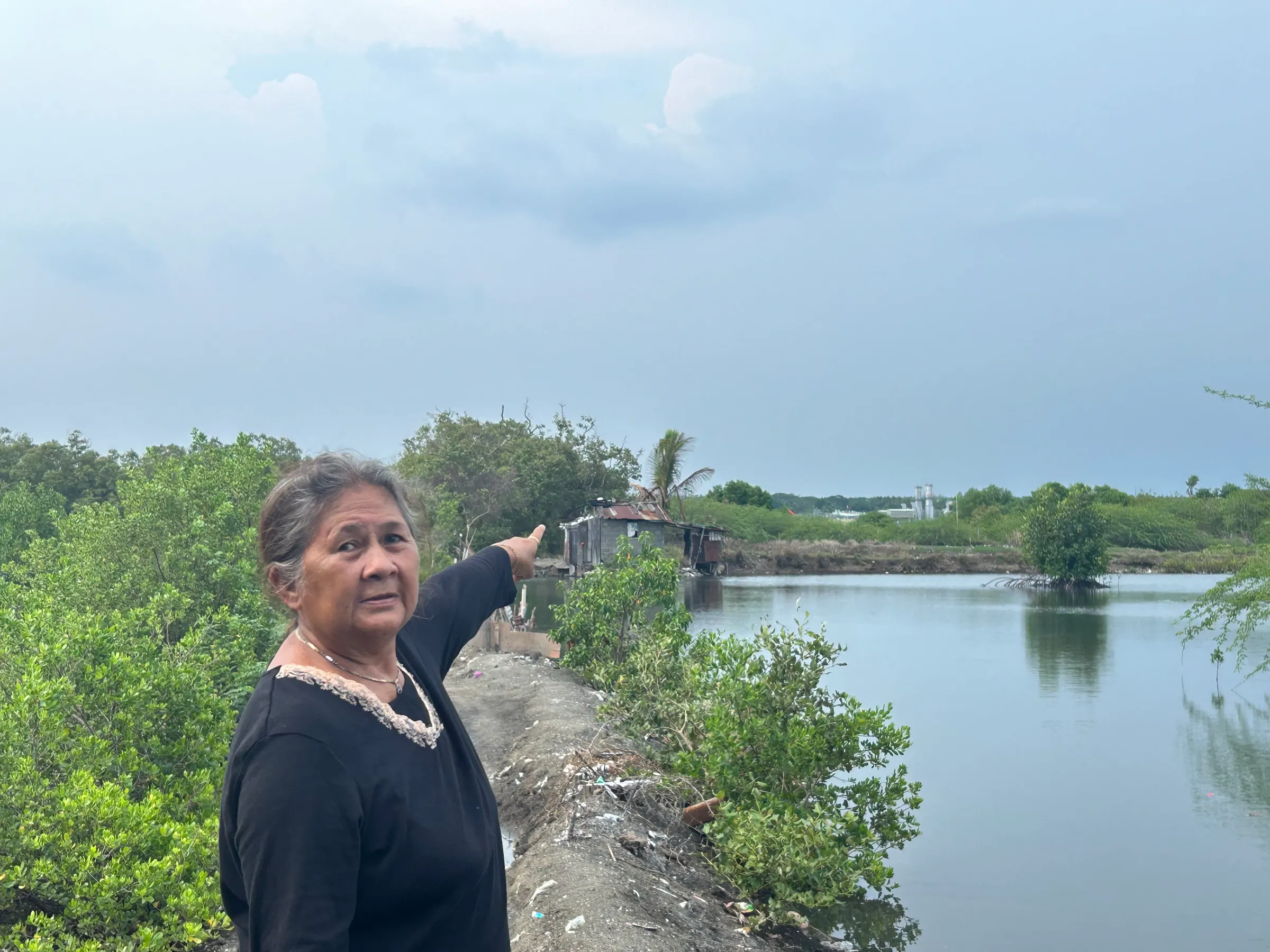 Welita Abanil stands on the banks of a river where a power plant can be seen near their home in Santa Clara, Batangas, Philippines. June 12, 2024. Mariejo Ramos/Thomson Reuters Foundation