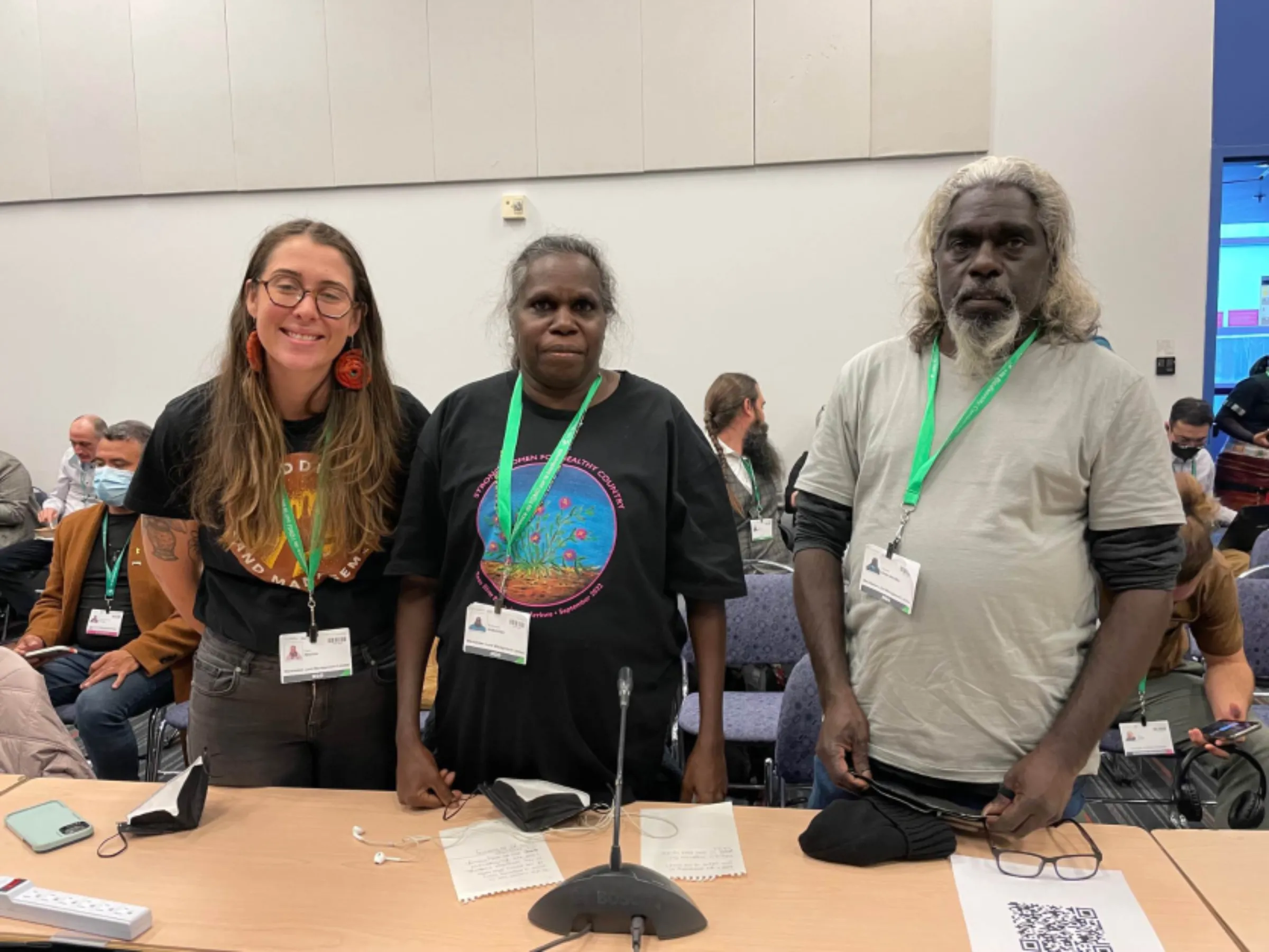 Cara Penton, Rosemary Nabulwad and Conrad Maralngurra from Warddeken Land Management in Australia’s Northern Territory at COP15 talks in Montreal, Canada, December 11, 2022