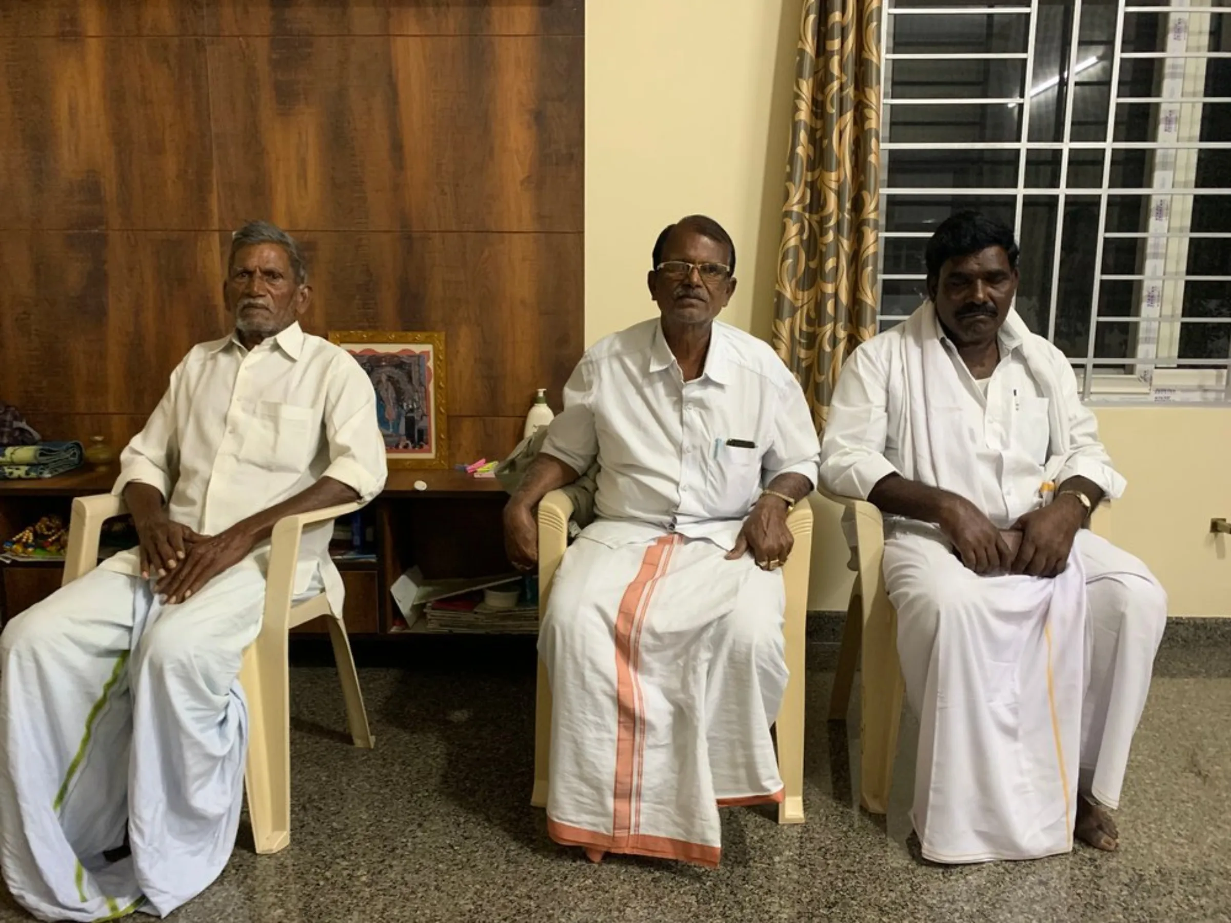 Jayaram Reddy (centre) at a farmers' meeting in Vollur village, Pavagada, Karnataka, India, December 27, 2021
