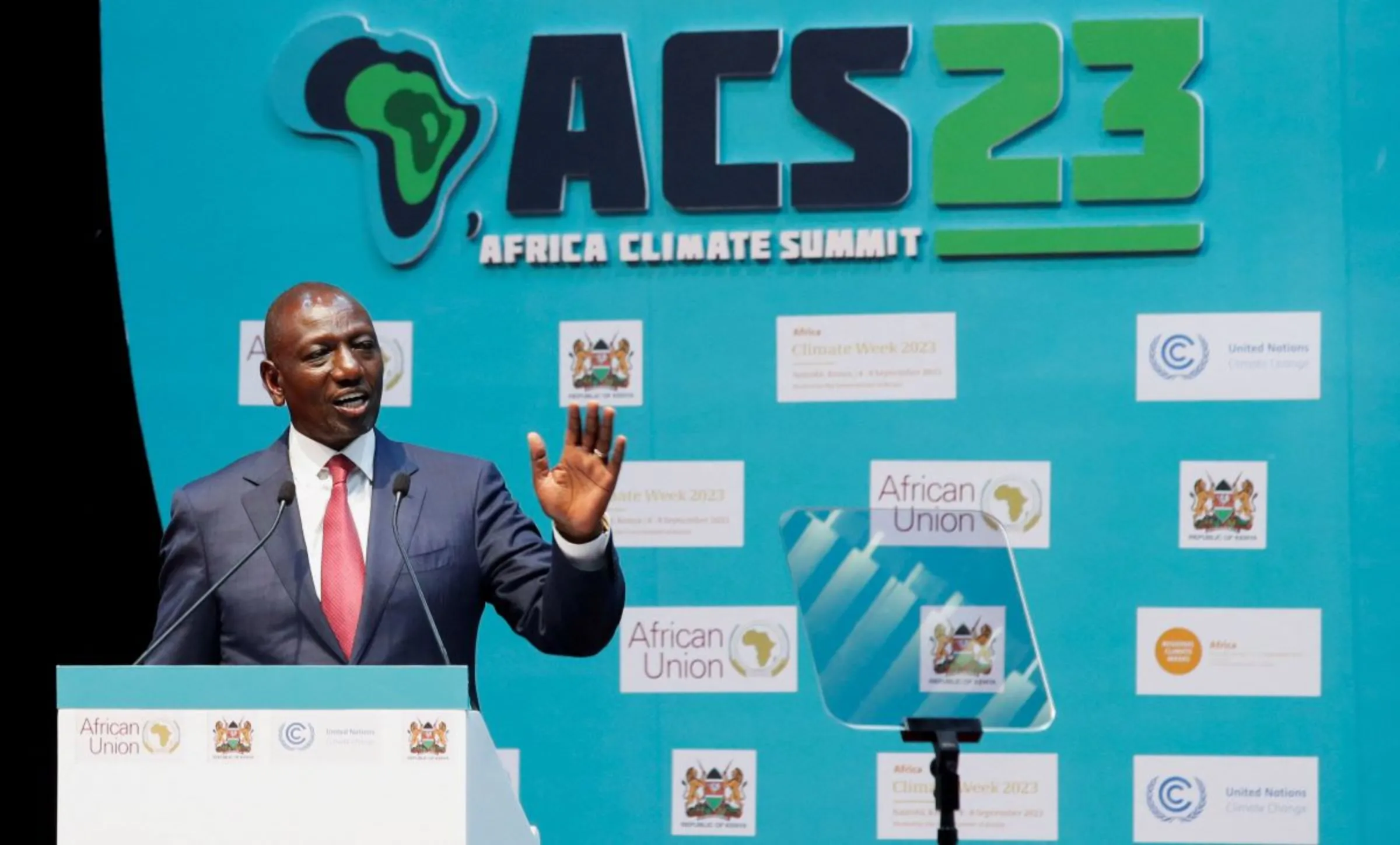 Kenya's President William Ruto addresses delegates at the close of the Africa Climate Summit (ACS) 2023 at the Kenyatta International Convention Centre (KICC) in Nairobi, Kenya, September 6, 2023