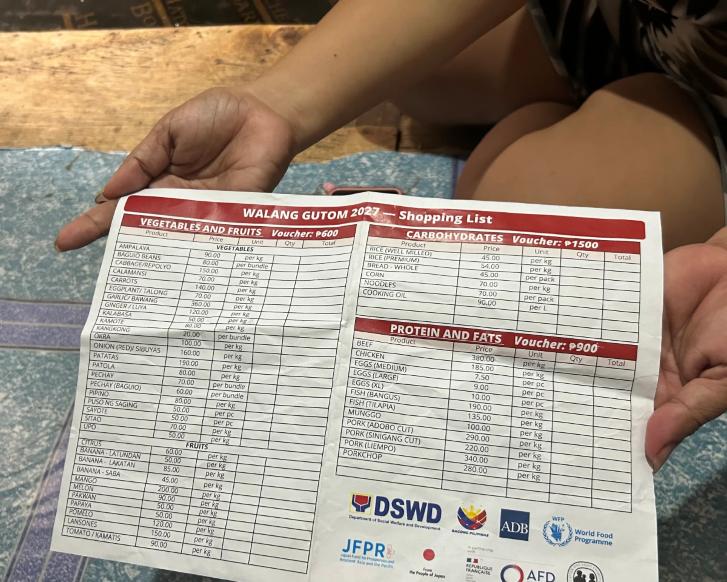 Mindalyn Villanueva of Tondo, a beneficiary of the Philippine government's Walang Gutom national food stamp programme shows her electronic benefit transfer card and grocery list. Manila, Philippines, December 7, 2023