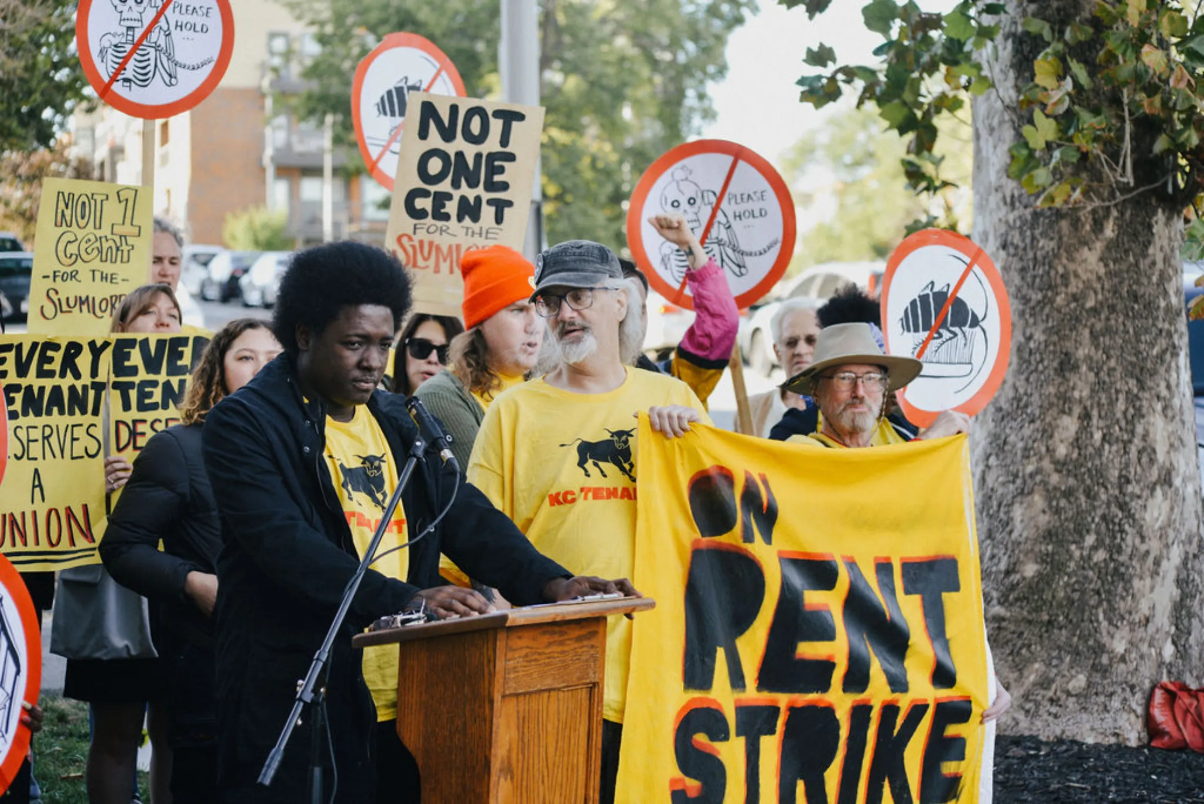 Tenants and organizers participate in a rent strike in Kansas City, Missouri, on October 1, 2024. Jillian Guthrie/Handout via Thomson Reuters Foundation