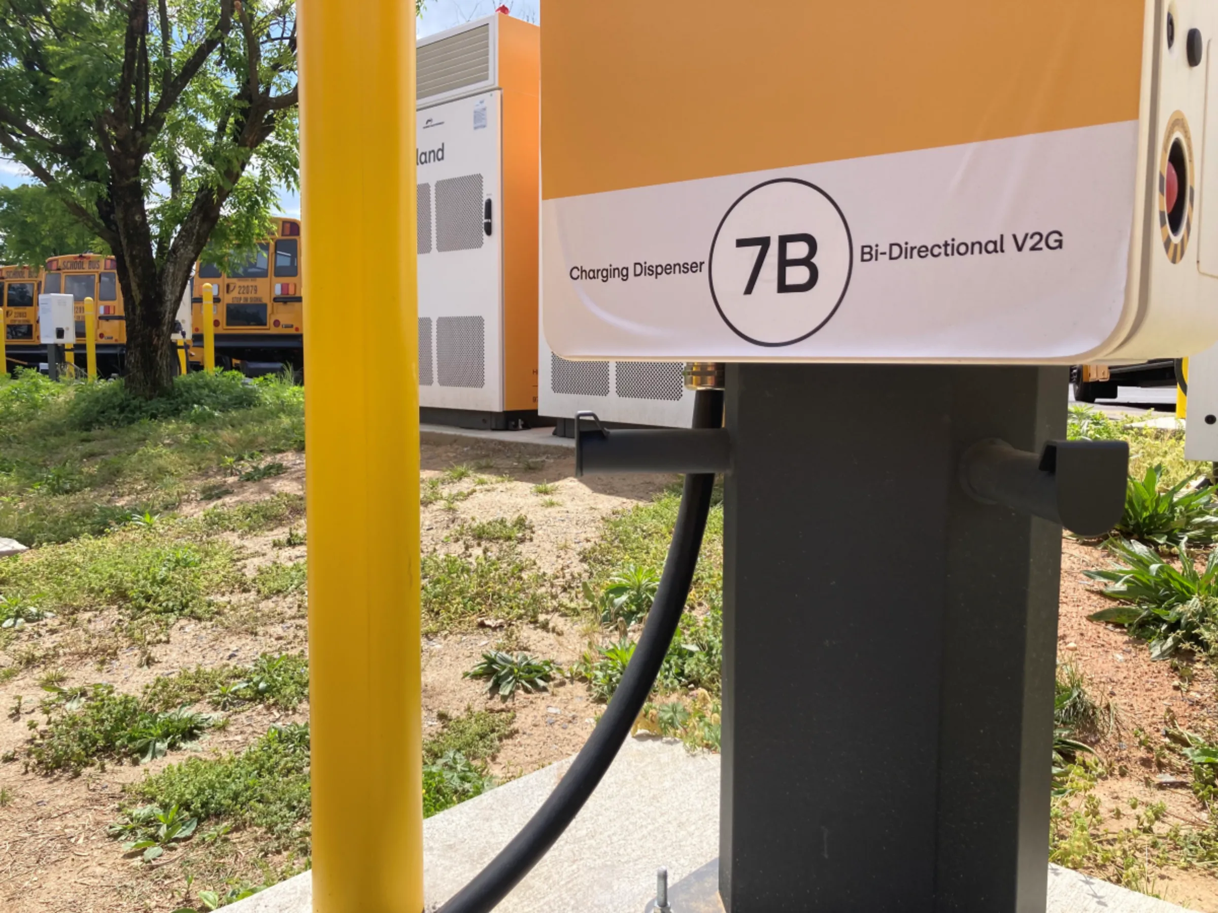A charger equipped with “bidirectional” charging capability at a county facility in Rockville, Maryland, in April 2023. Thomson Reuters Foundation/Carey L. Biron