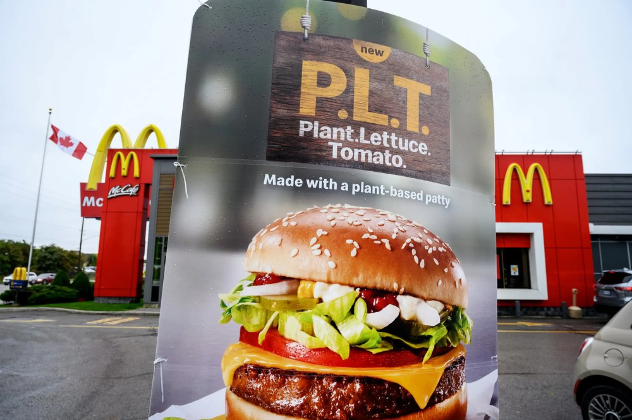 A sign promoting McDonald's 'PLT' burger with a Beyond Meat plant-based patty at one of 28 test restaurant locations in London, Ontario, Canada October 2, 2019