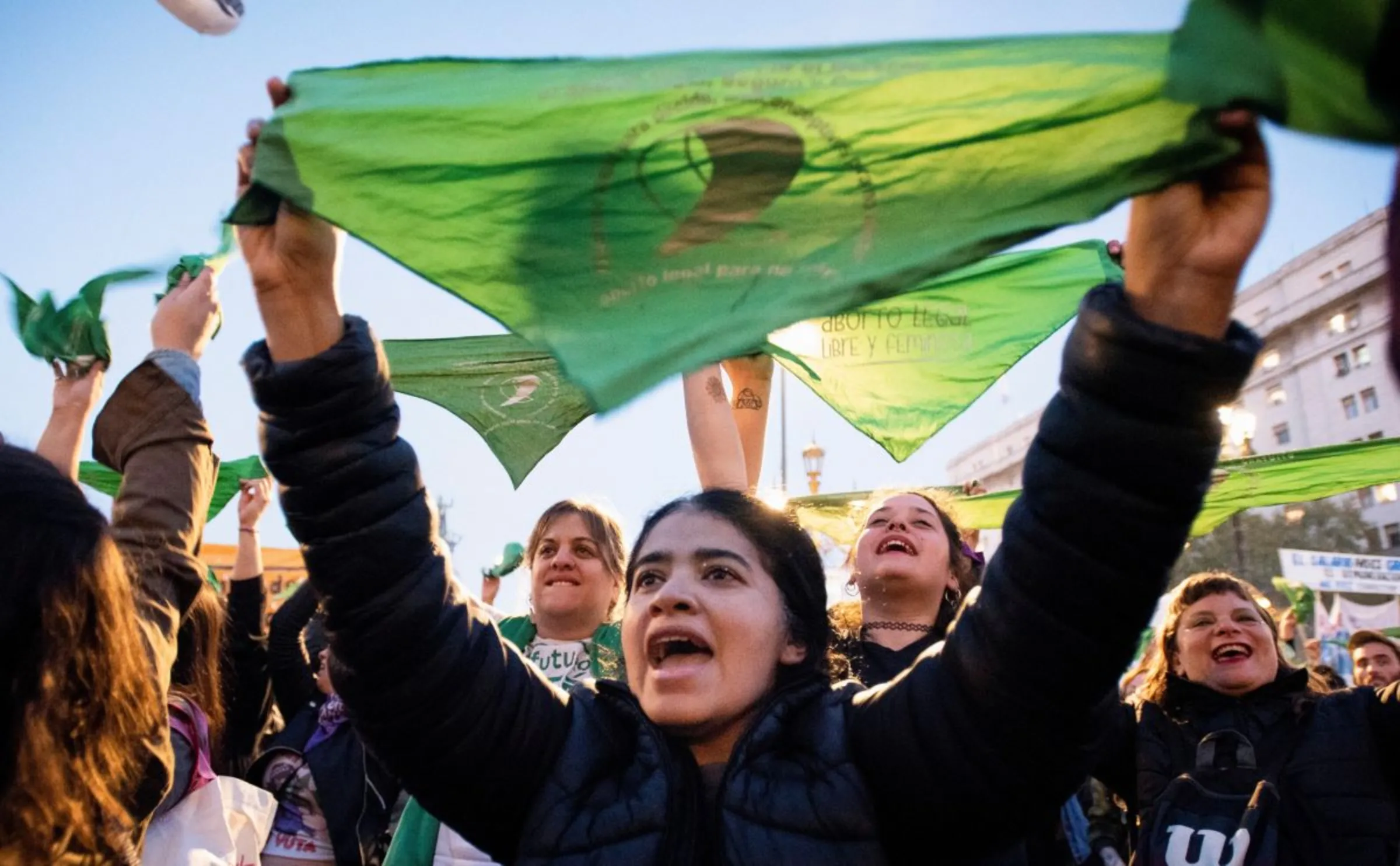 Women hold green handkerchiefs, during a protest in support of safe and legal abortion access to mark International Safe Abortion Day, in Buenos Aires, Argentina September 28, 2023. REUTERS/Mariana Nedelcu
