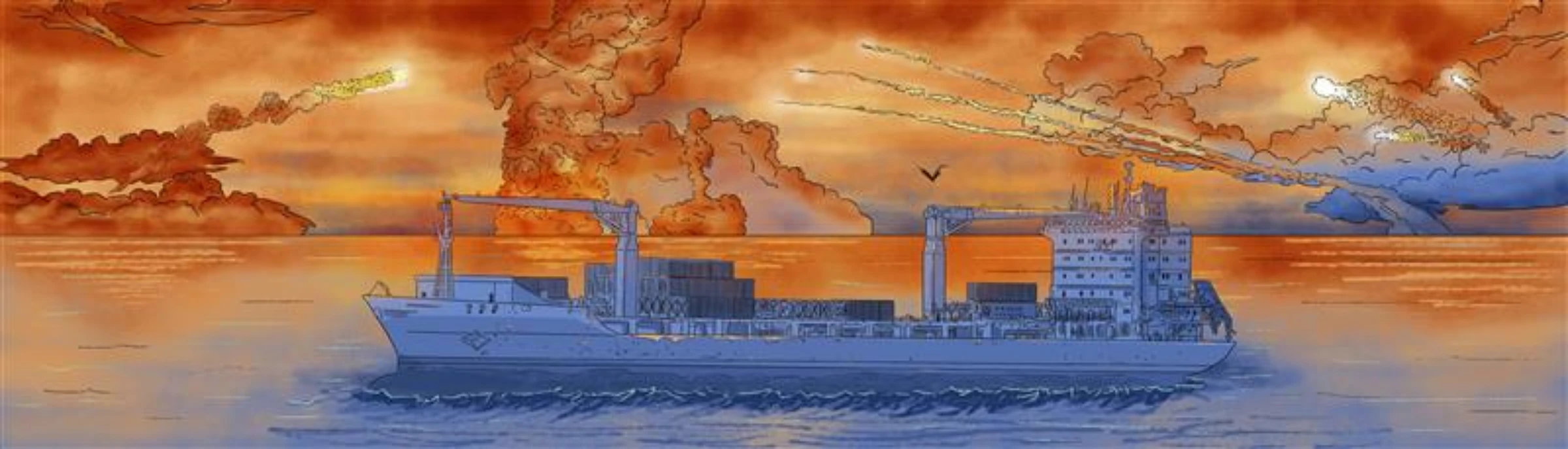 A ship drifts in the middle of missile attacks in this illustration photo. Thomson Reuters Foundation/Karif Wat