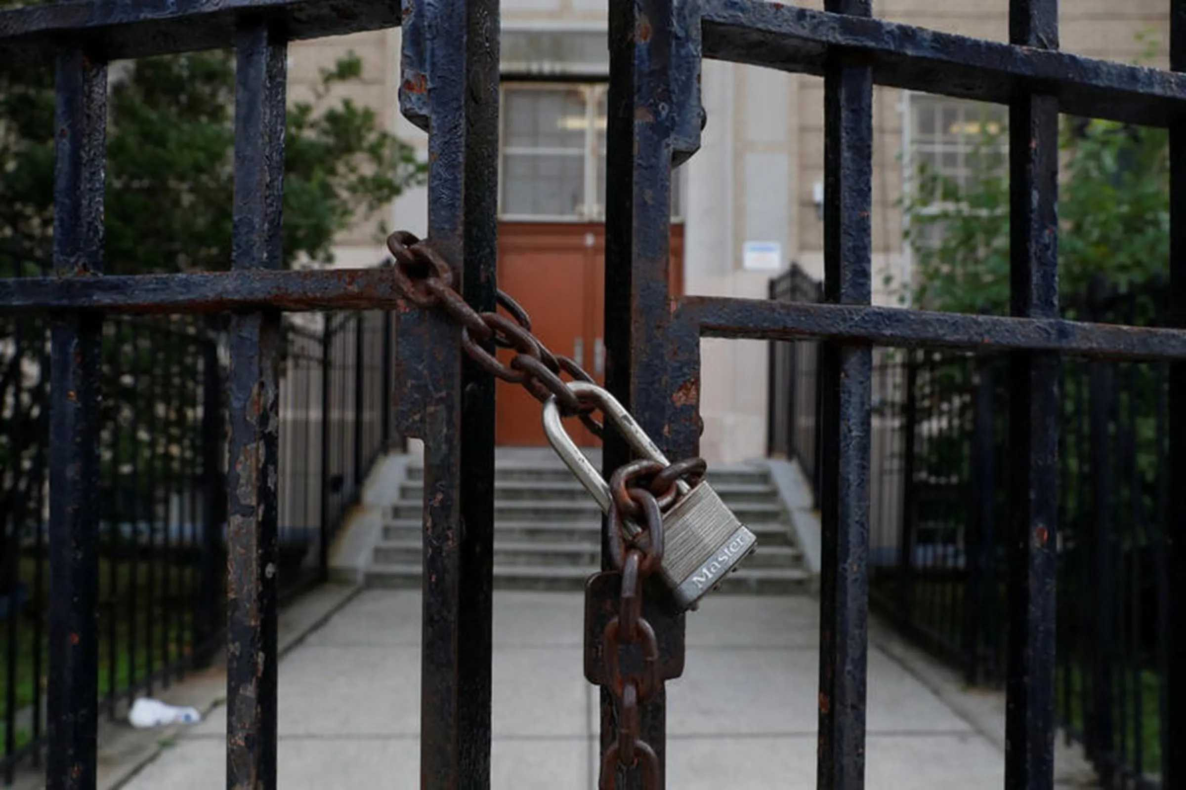 An entrance to Public School 155 is seen locked in the Queens borough of New York City, New York, U.S., August 19, 2020