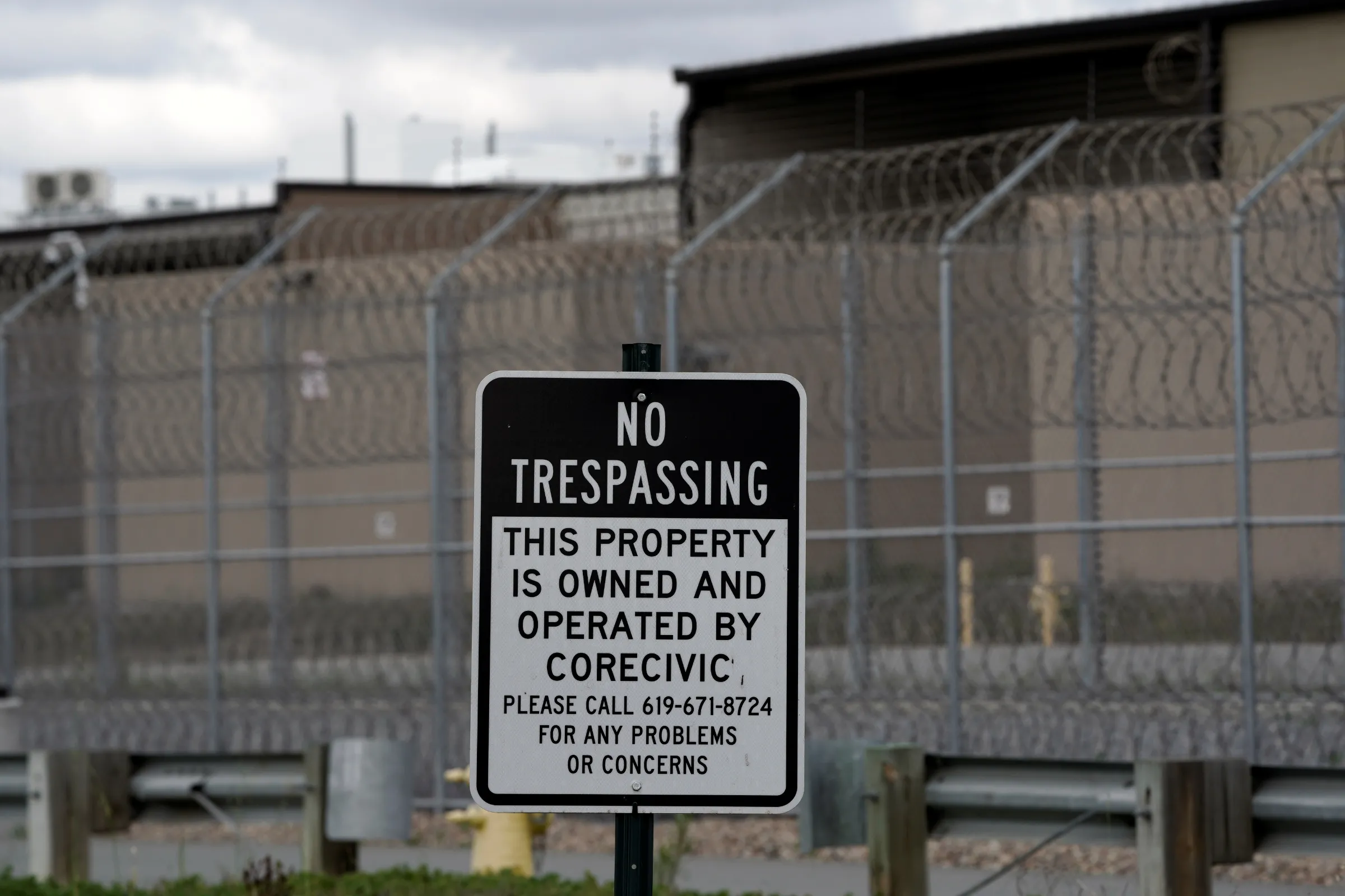 A ''no trespassing'' sign is seen outside the Otay Mesa Detention Center, privately owned and operated by prison contractor CoreCivic in San Diego, California, U.S., April 11, 2020. REUTERS/Bing Guan