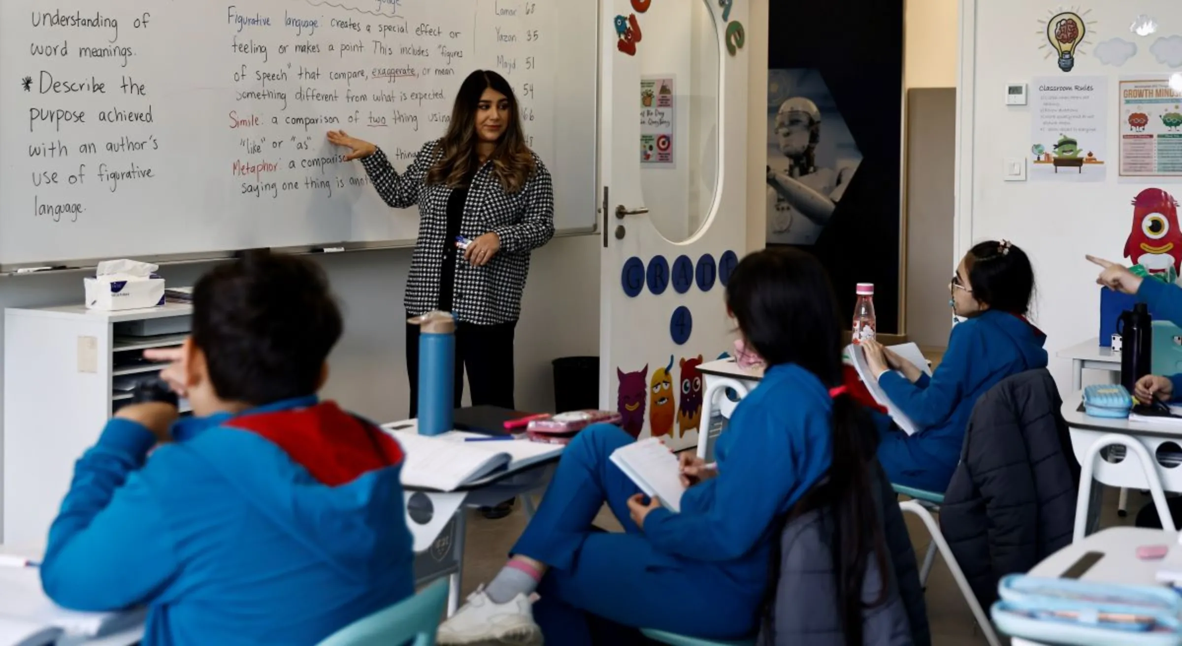 Shana Shamal Mahmoud teaching her class an English lesson, Baghdad, Iraq, February 27, 2023