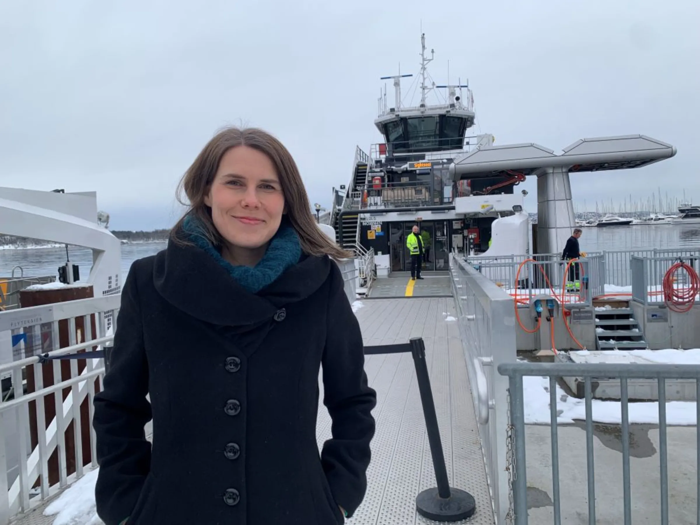 Sirin Hellvin Stav, Oslo’s vice mayor for environment and transport, stands at a terminal for electric ferries travelling across the fjord, March 16, 2023. Oslo is set this year to become the first capital city with only electric public transport.