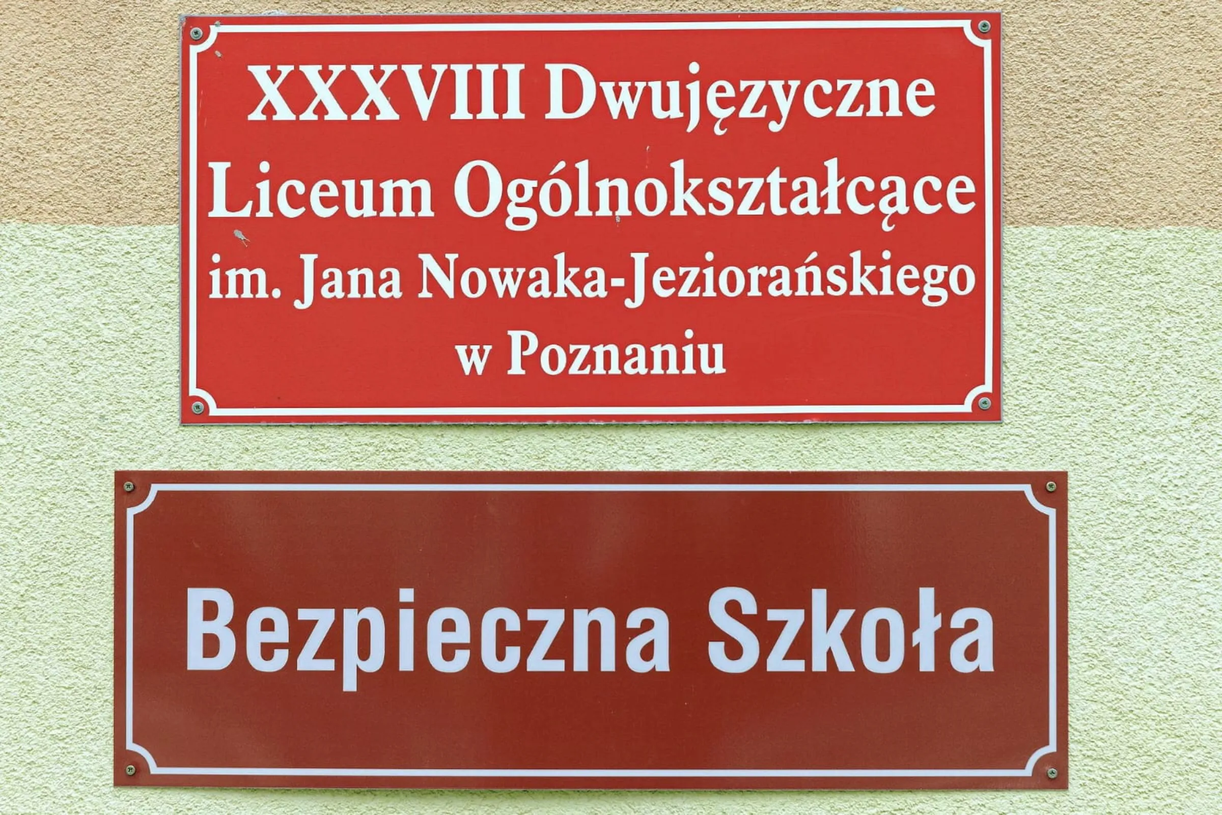 A plaque at the entrance of the 38th Bilingual High School Jan Nowak-Jezioranski in Poznan, in western Poland, labels the institution as a 'safe school' after it won first place in the country’s pioneering ranking of LGBTQ+ inclusion in schools - the first of its kind in the European Union