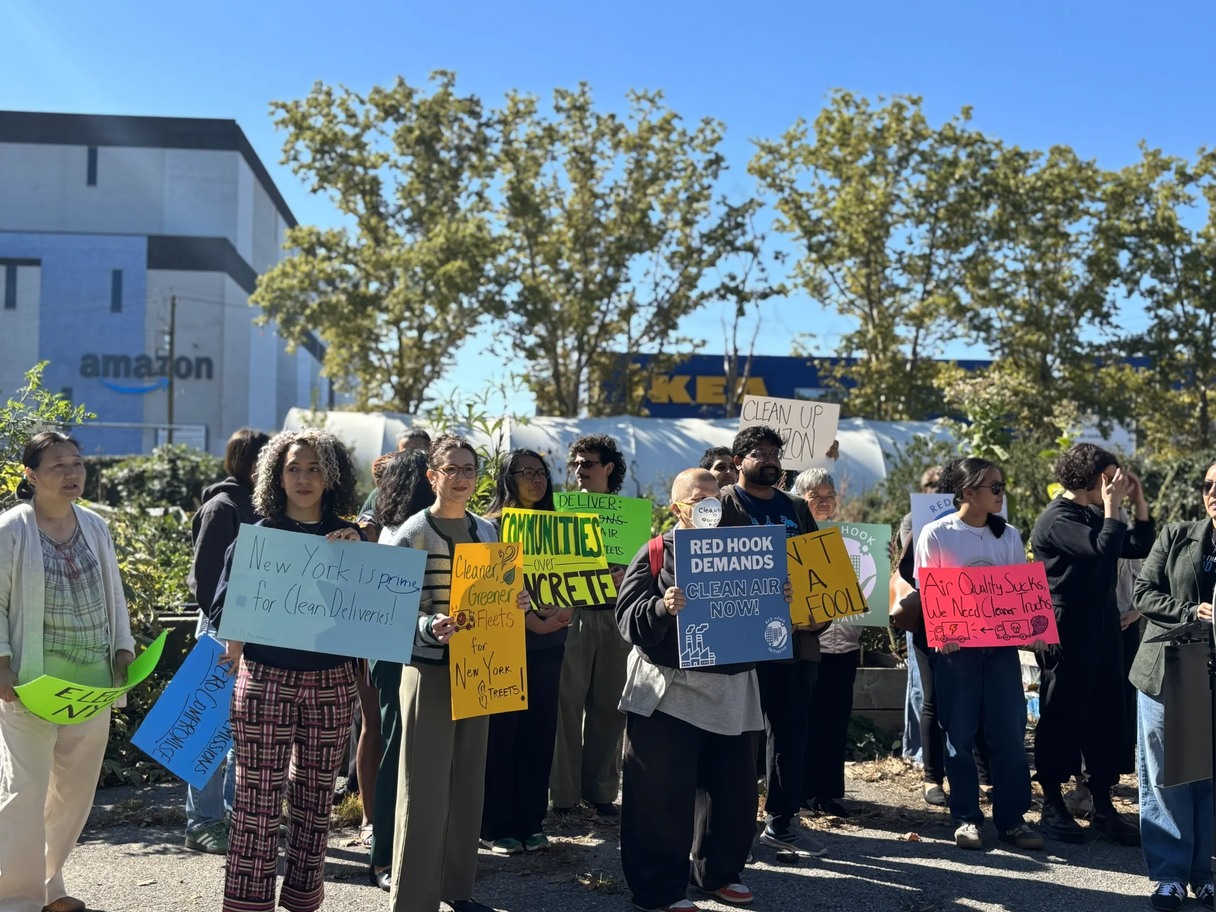 Demonstrators take part in a rally against e-commerce warehouses in Brooklyn, New York, on October 1, 2025. Maddy Jenkins/Handout via Thomson Reuters Foundation
