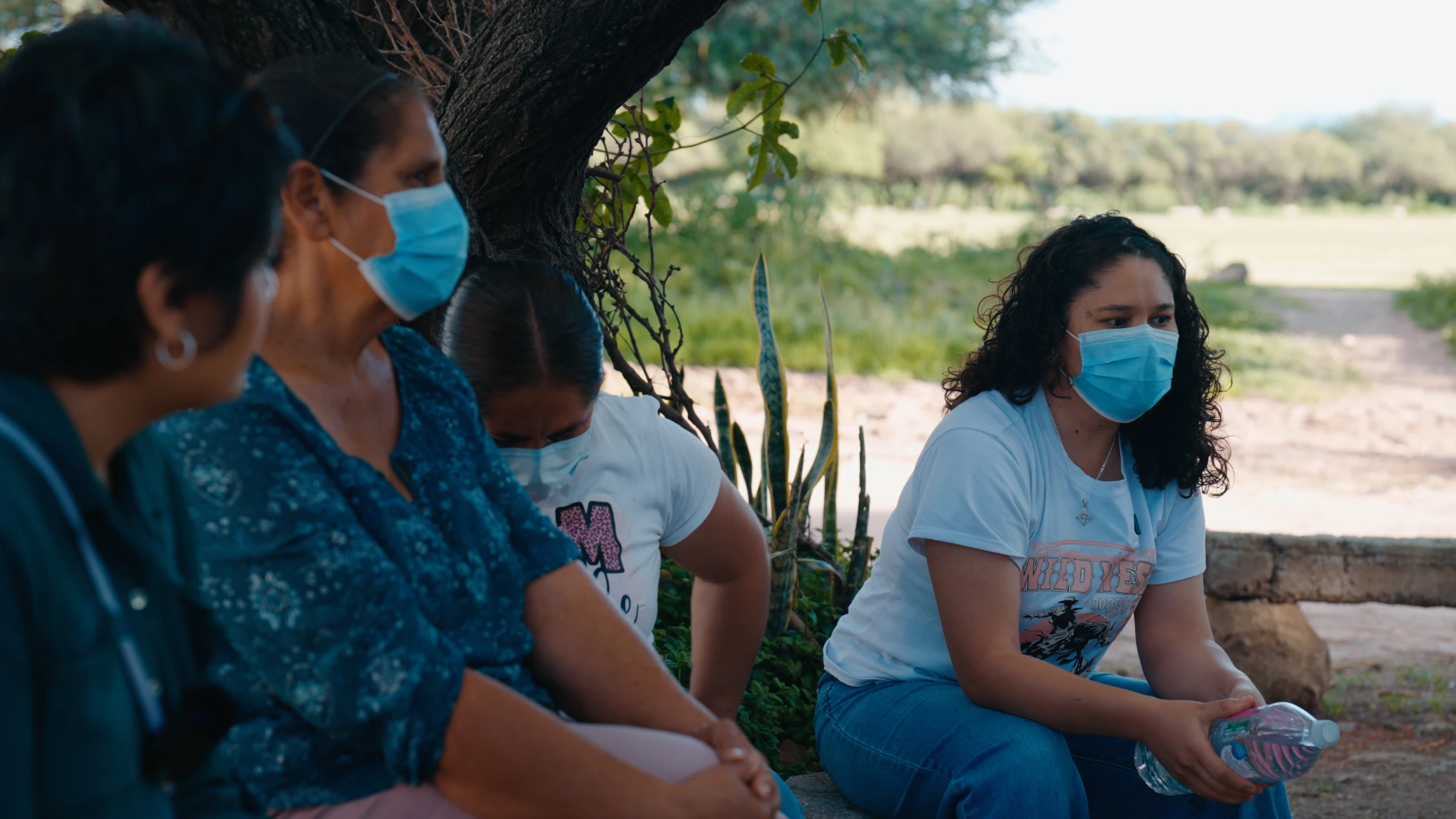 Brenda Álvarez (right), resident of the Viborillas community, sits at a meeting with other local women who are part of the Antorchista Movement in Querétaro, Mexico. July 25, 2025.  Thomson Reuters Foundation/Miguel Tovar