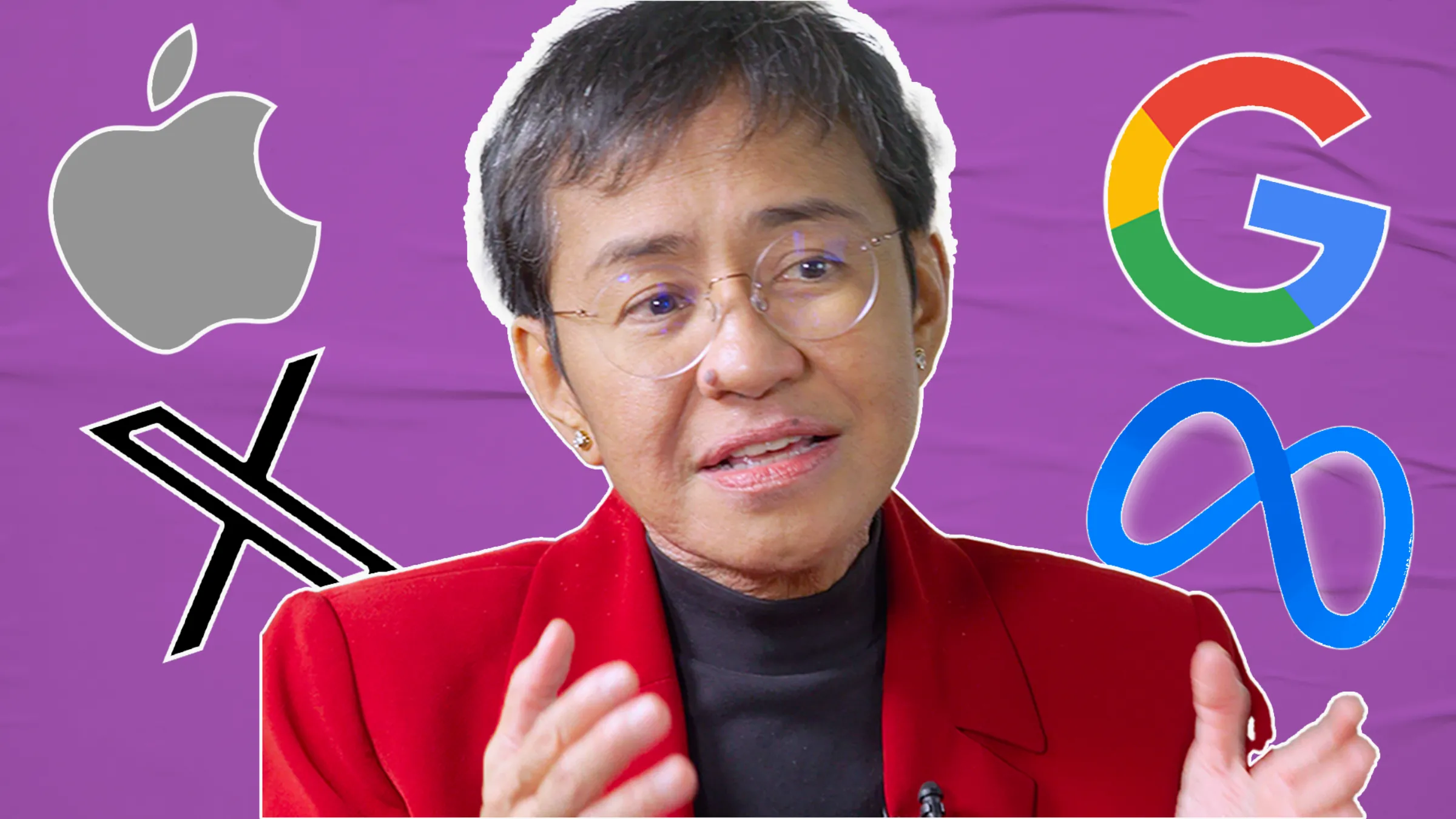 Maria Ressa in front of a purple background with the logos of Big Tech companies. Thomson Reuters Foundation