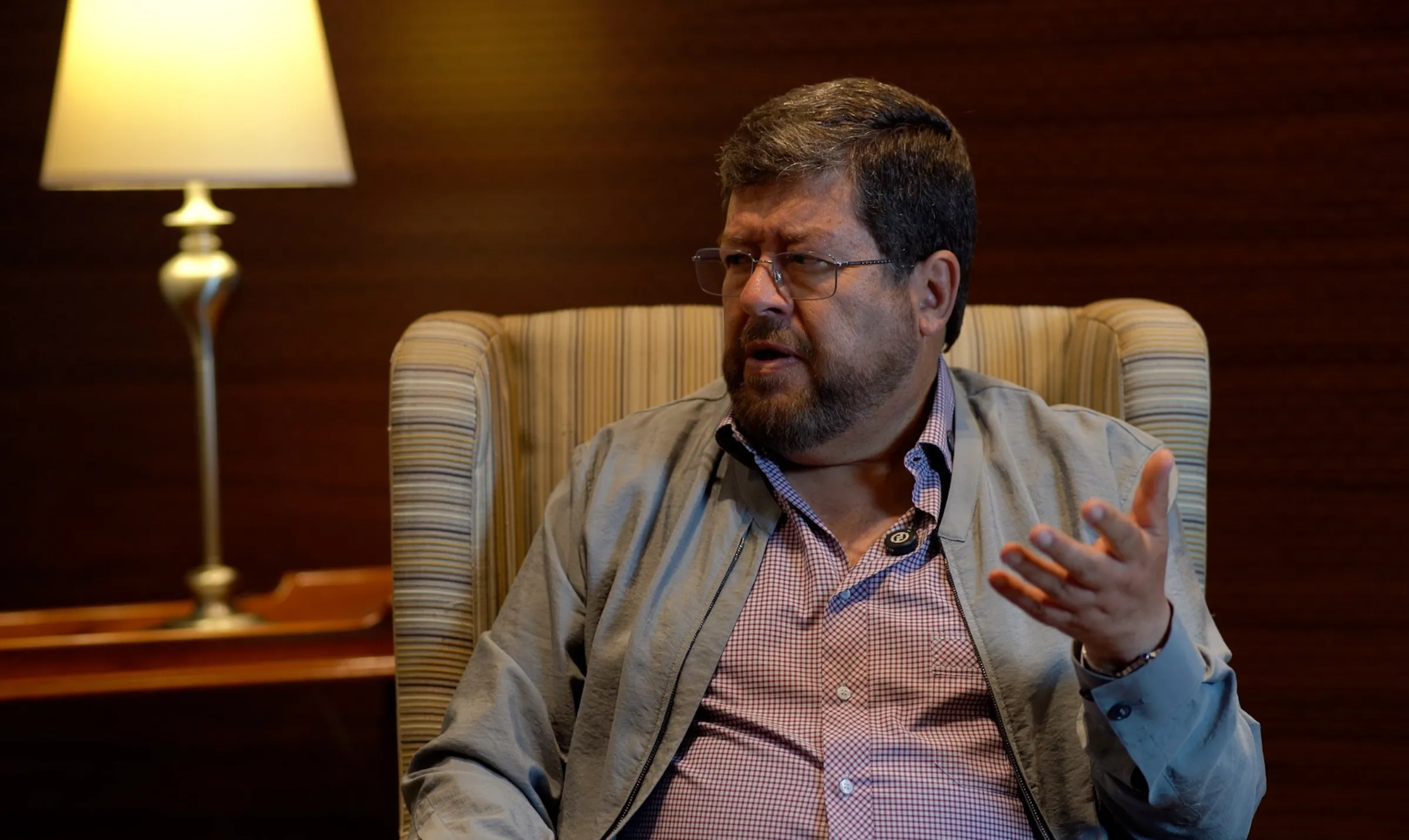 Bolivian presidential candidate, Samuel Doria Medina, speaks during an interview at Hotel Los Tajibos, Santa Cruz de la Sierra, Bolivia, August 10, 2025. Thomson Reuters Foundation/Maicol Albert Mamani