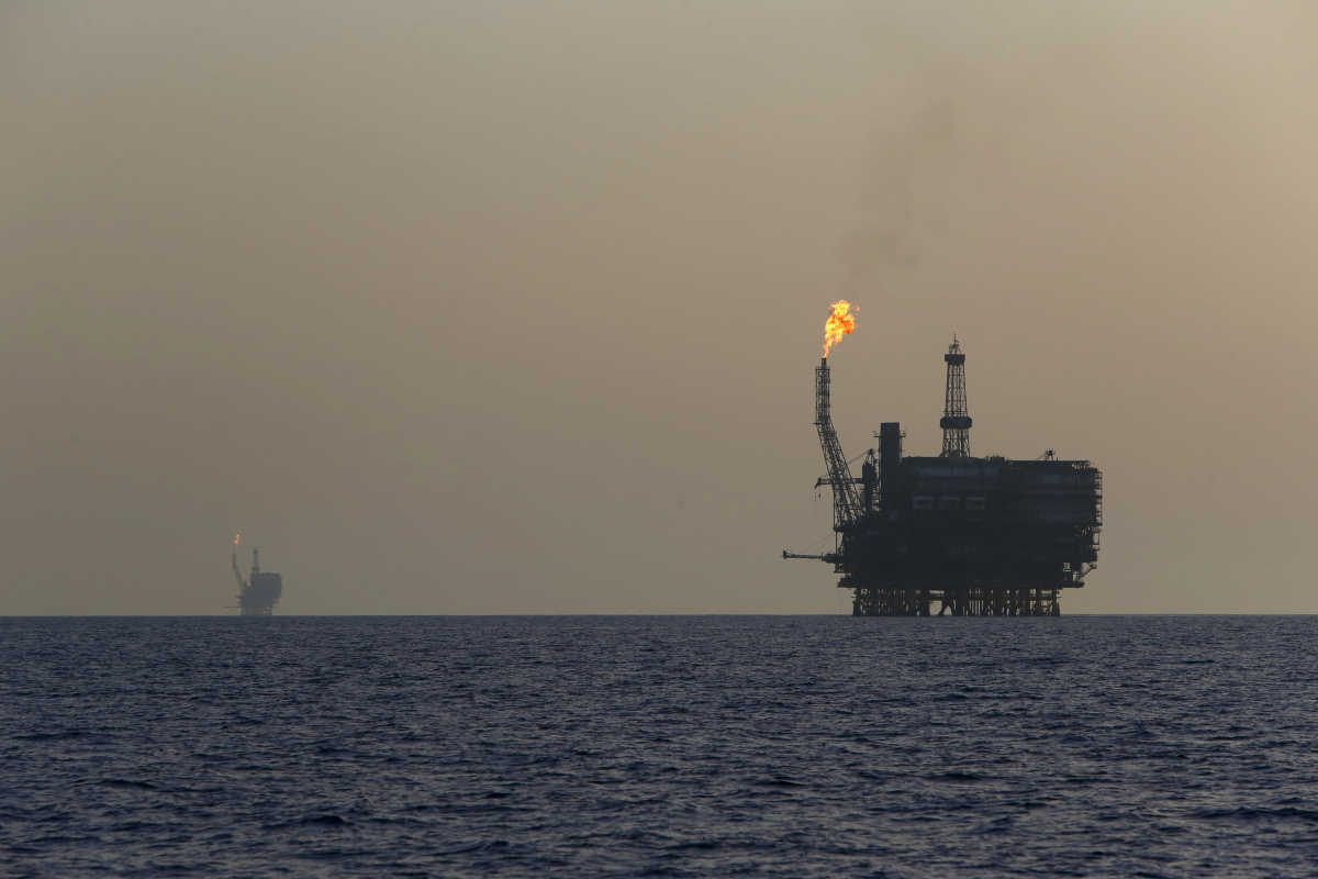 Offshore oil platforms are seen at the Bouri Oil Field off the coast of Libya