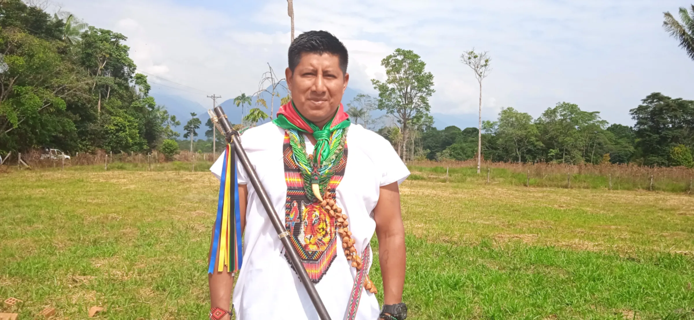 Jose Jansa, a governor of the Inga indigenous people, standing in a rural area in the province of Putumayo, Colombia. February 2, 2023
