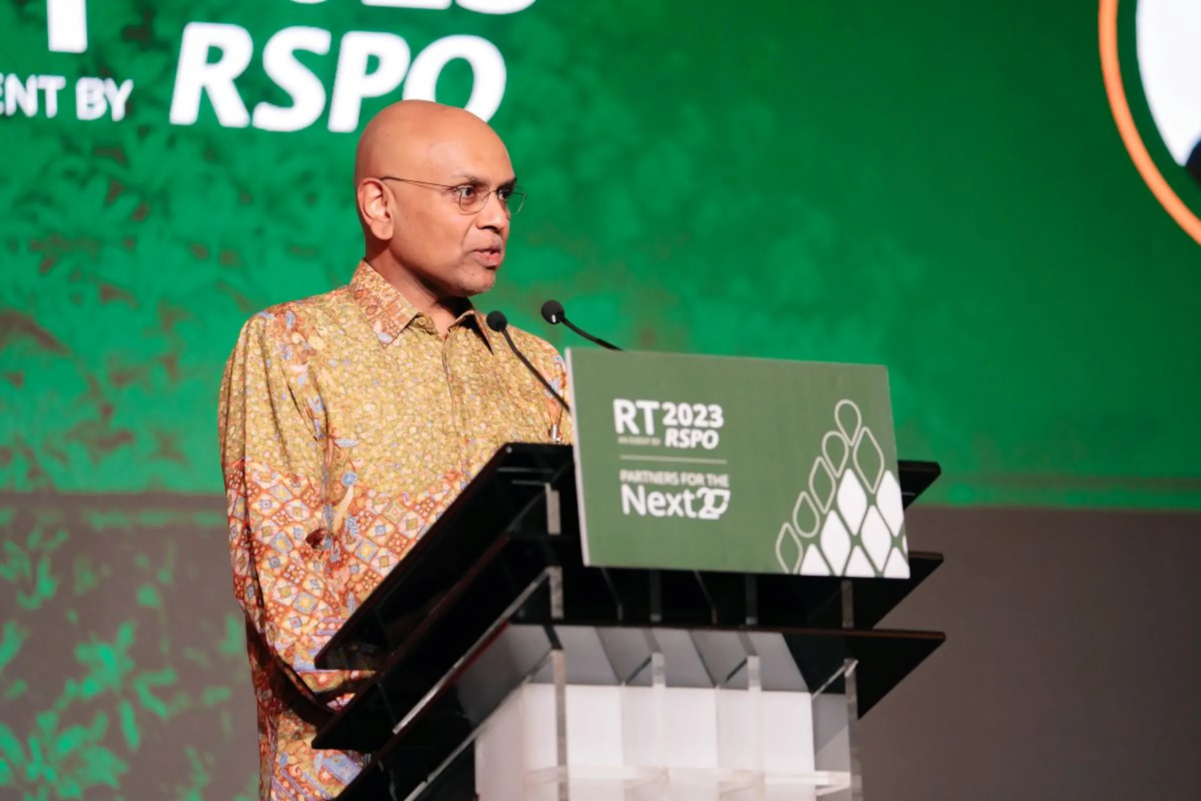 Joseph D’Cruz, the chief executive officer of the Roundtable on Sustainable Palm Oil speaks at the industry watchdog's conference in Jakarta, Indonesia, November 20, 2023