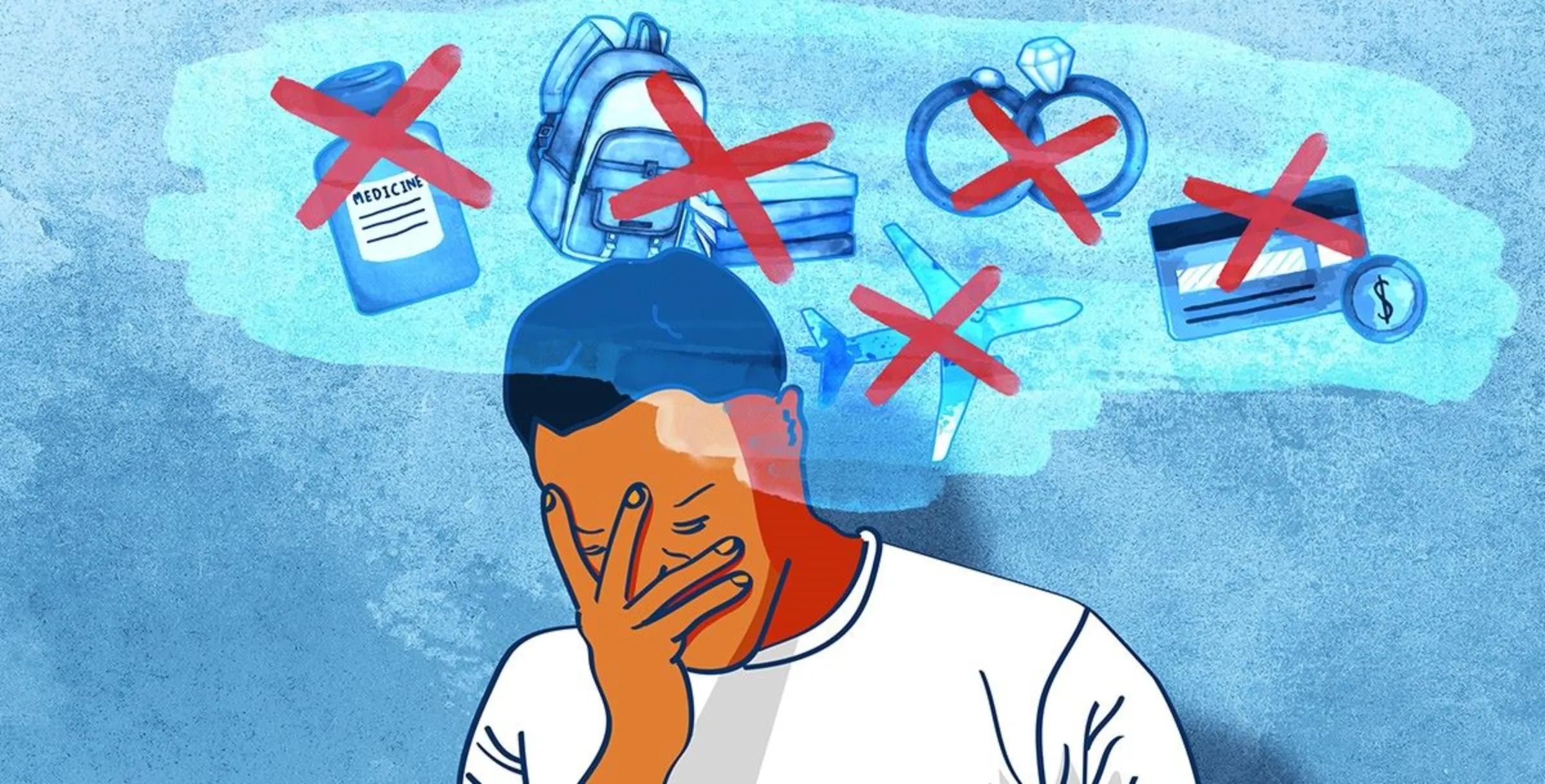 A stateless man worries with his head in his hands in this illustration. Thomson Reuters Foundation/Karif Wat