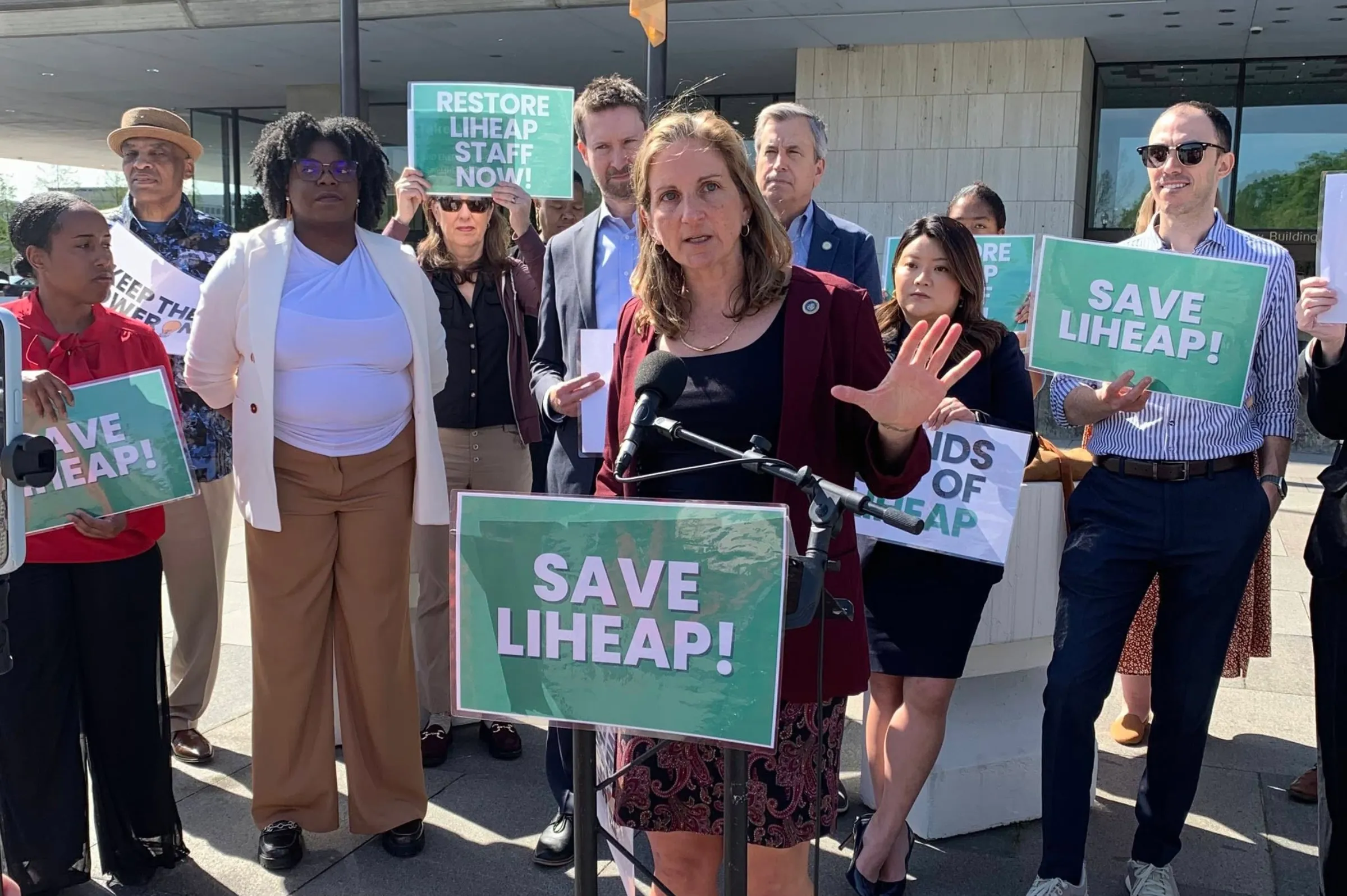 Maryland Delegate Lorig Charkoudian addresses a Washington rally on proposed cuts to federal energy assistance on April 23, 2025. Rose Stutz/Handout via Thomson Reuters Foundation