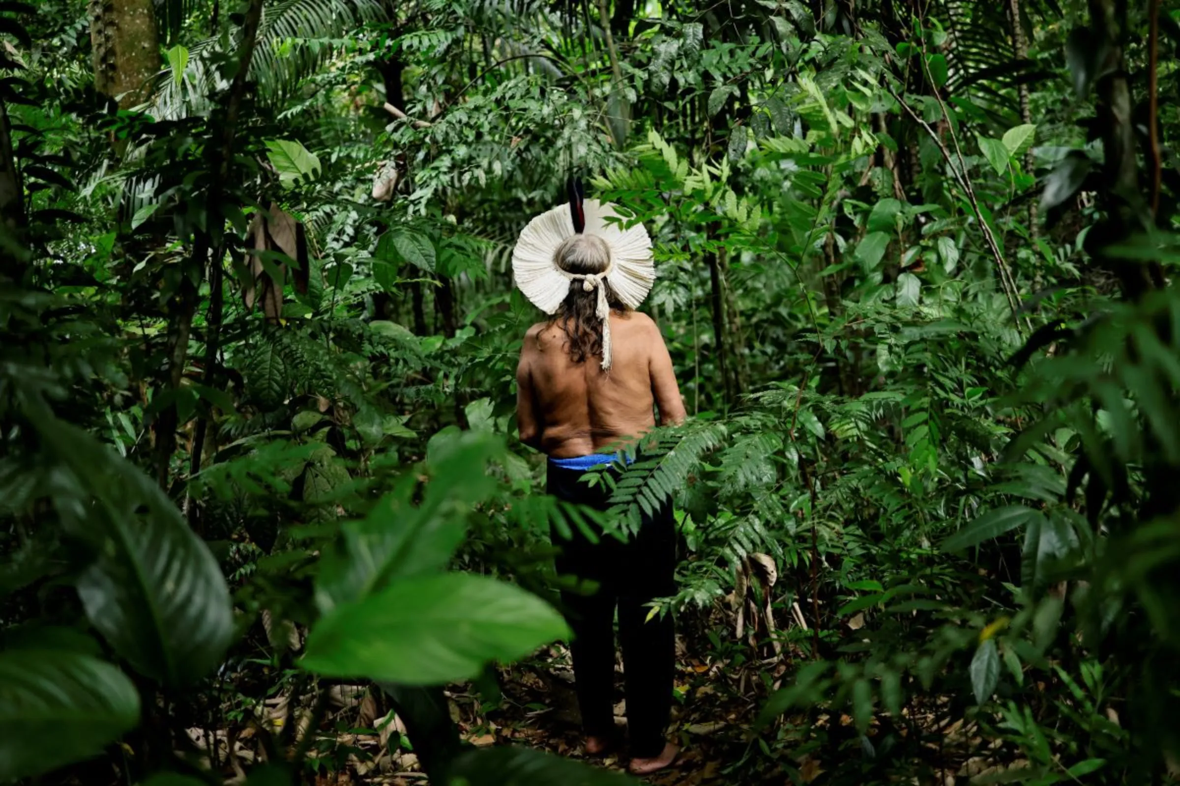 Brazil's indigenous chief Raoni Metuktire poses for a photo during an interview before a summit of Amazon rainforest nations at the Igarape Park, in Belem, Para state, Brazil August 5, 2023