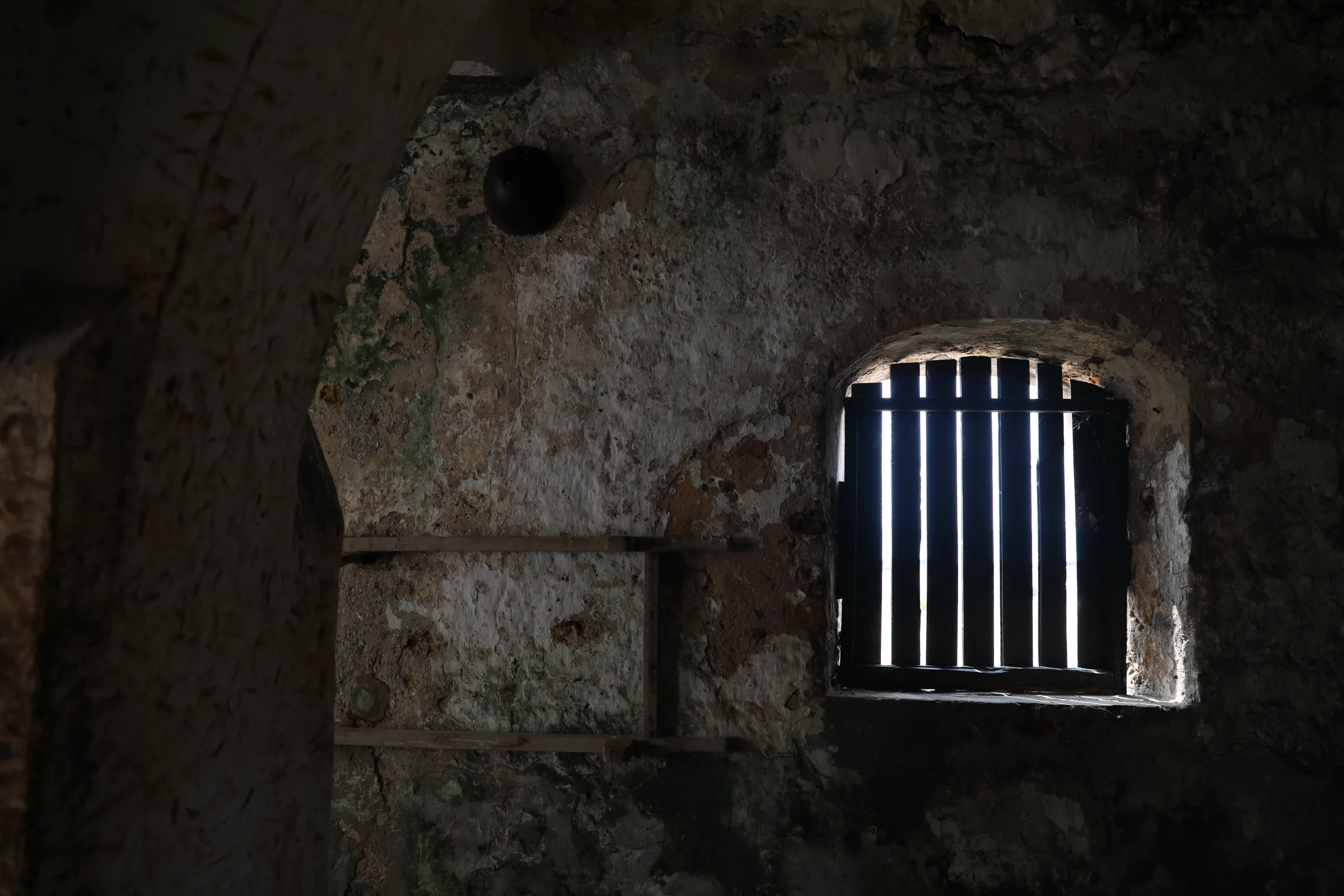 A window in a slave holding cell in Fort Prinzenstein, an 18th century slave-holding depot, in Keta, Ghana. August 8, 2022.