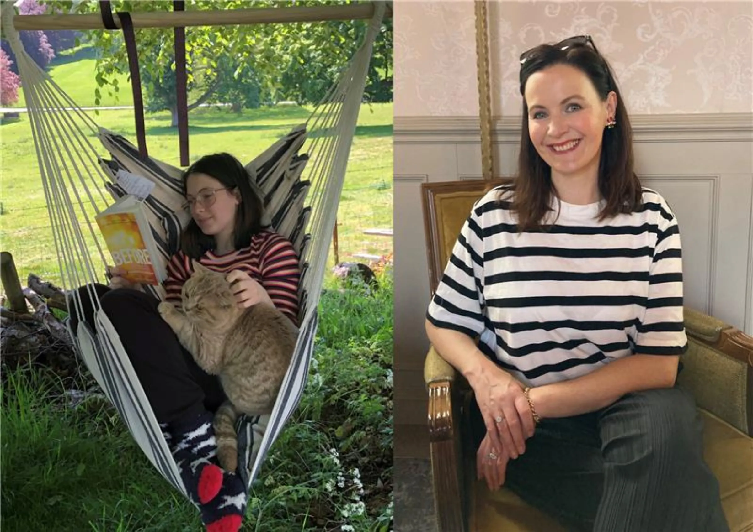 Kitty McFarland, aged 14, reads in a hammock in Dorchester, England, in 2020. Her mother Sammie McFarland is pictured in Windsor, England, in this combination photo, 2023. Sammie McFarland/ Handout via Thomson Reuters Foundation
