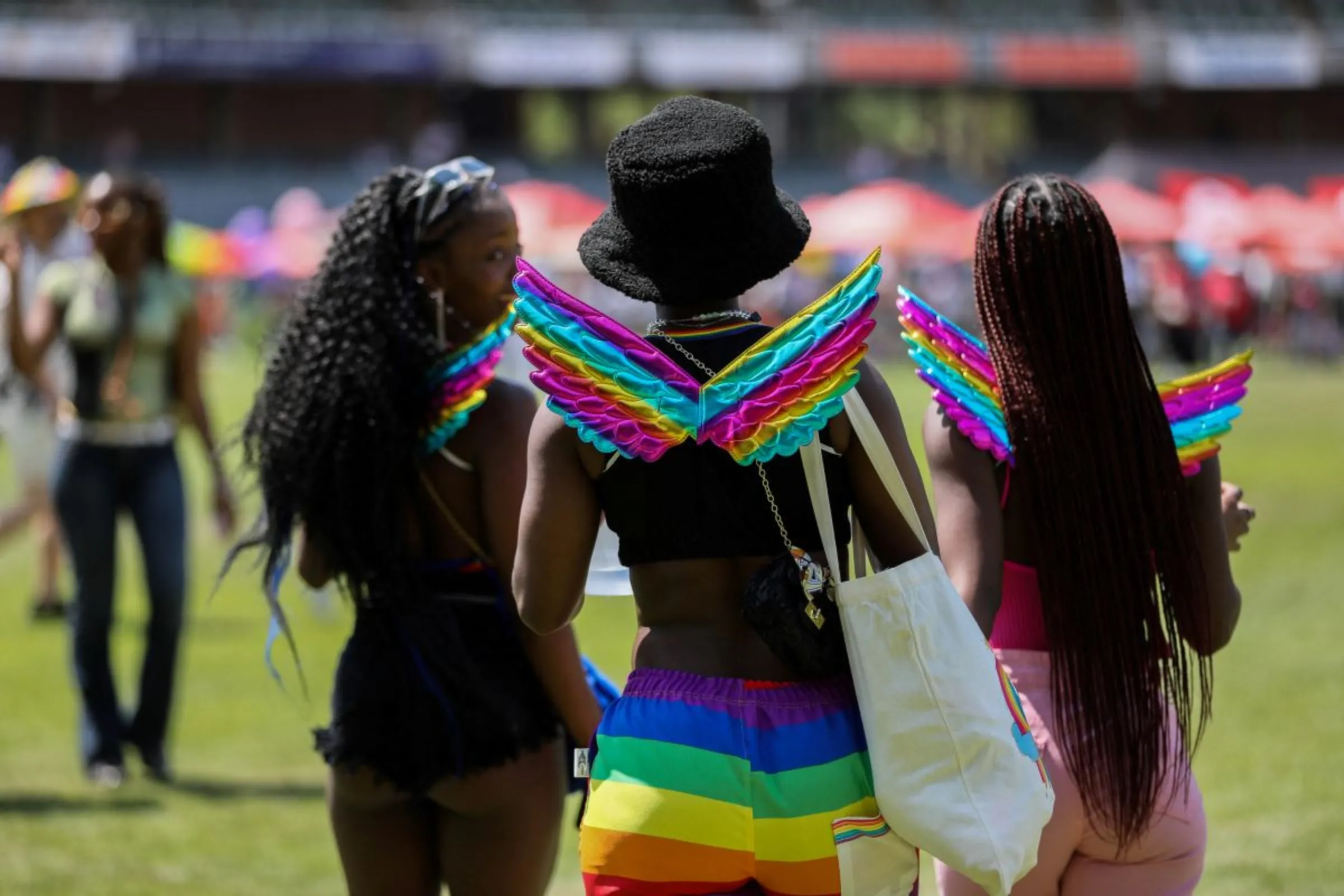 People wear colourful costumes during the celebration of LGBTQ+ rights at the annual Pride Parade in Johannesburg, South Africa, October 28, 2023. REUTERS/Sumaya Hisham