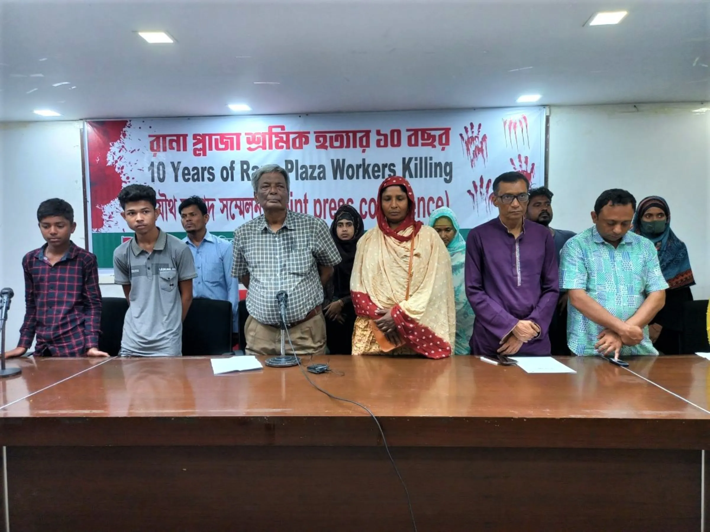 Survivors and family members of the Rana Plaza incident gather at a meeting organised by National Garment Workers Federation in Dhaka, Bangladesh