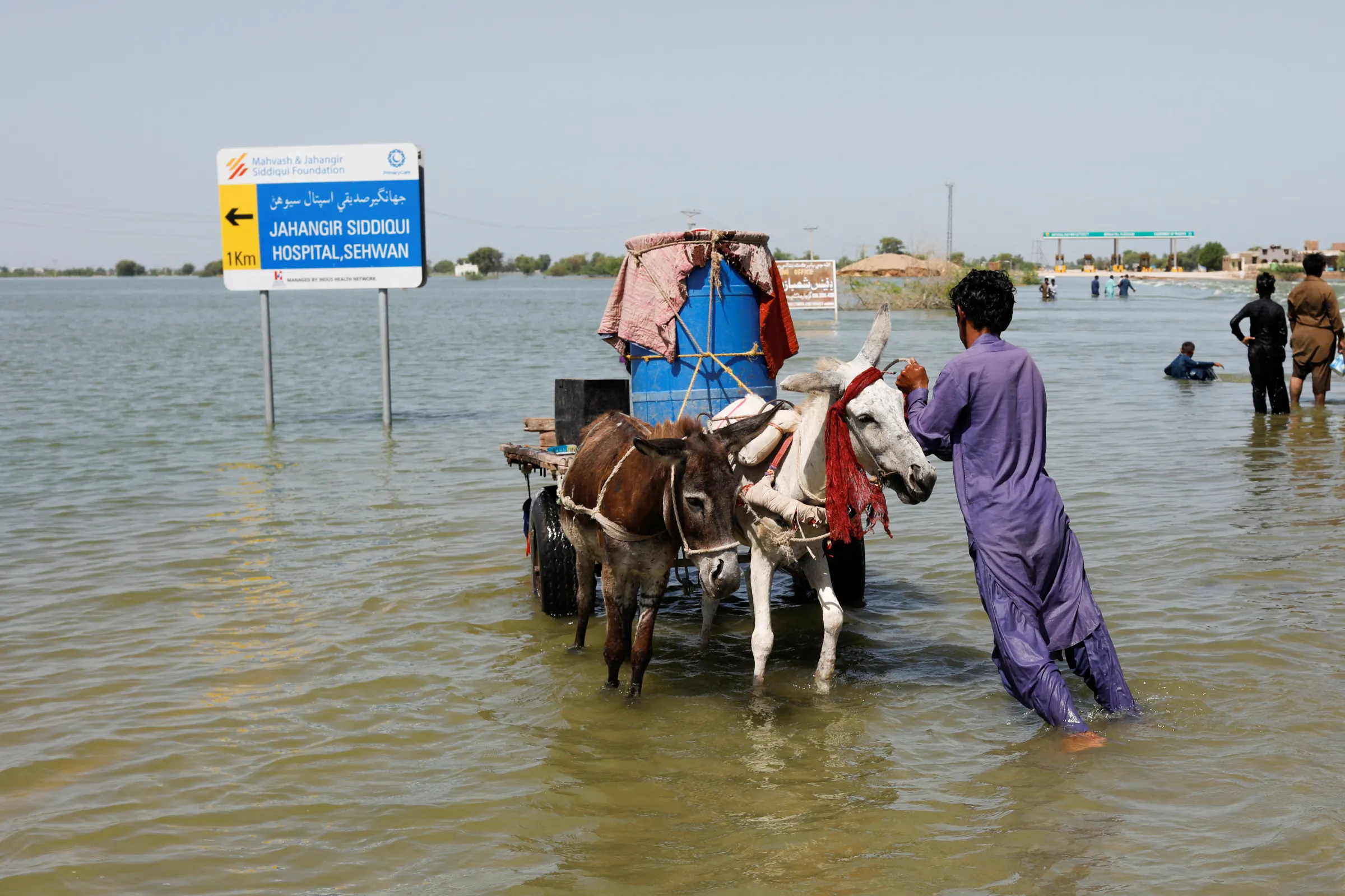 A flood victim pushes his donkey cart on flooded highway, following rains and floods during the monsoon season in Sehwan, Pakistan, September 16, 2022