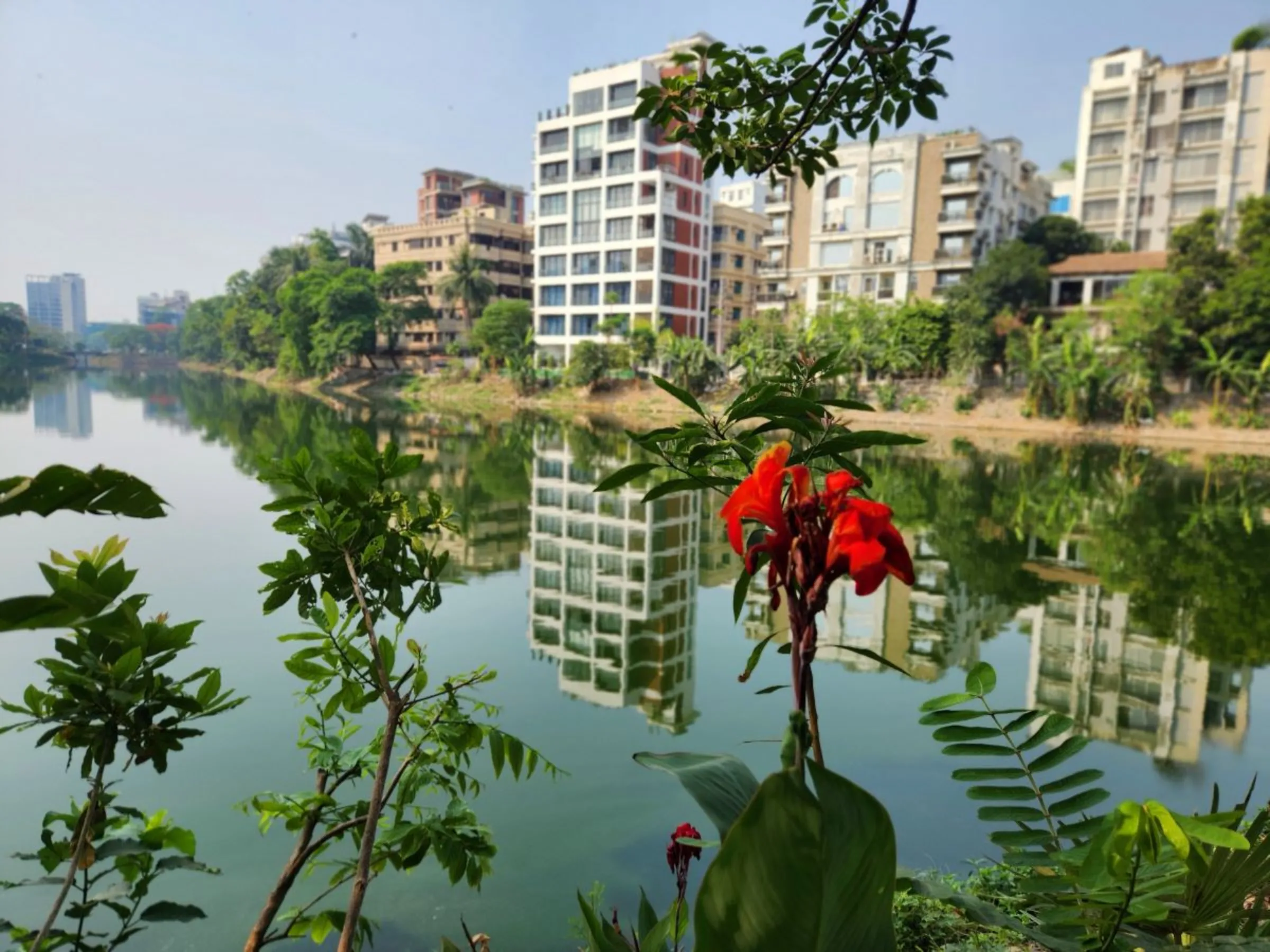 A view of Gulshan Lakeside, where volunteers have cleaned up rubbish and planted trees and shrubs as part of the '55 Kodomtola: Greening the Gulshan Lakeside' initiative, Dhaka, Bangladesh, April 26, 2024. Thomson Reuters Foundation/Mosabber Hossain