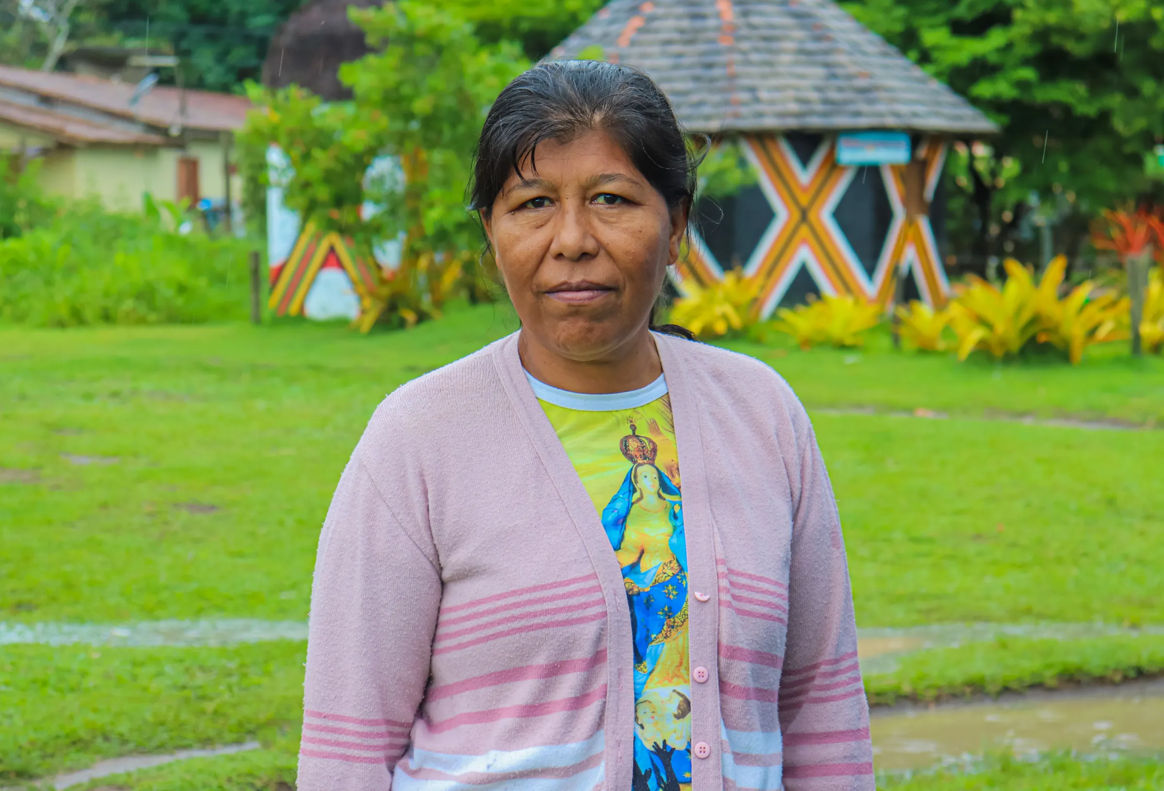 Indigenous deputy chief Andwara Pataxó poses at the Aldeia Velha territory, near Arraial D'Ajuda in Porto Seguro district, Brazil, April 22, 2023. Thomson Reuters Foundation/Rogério Naba