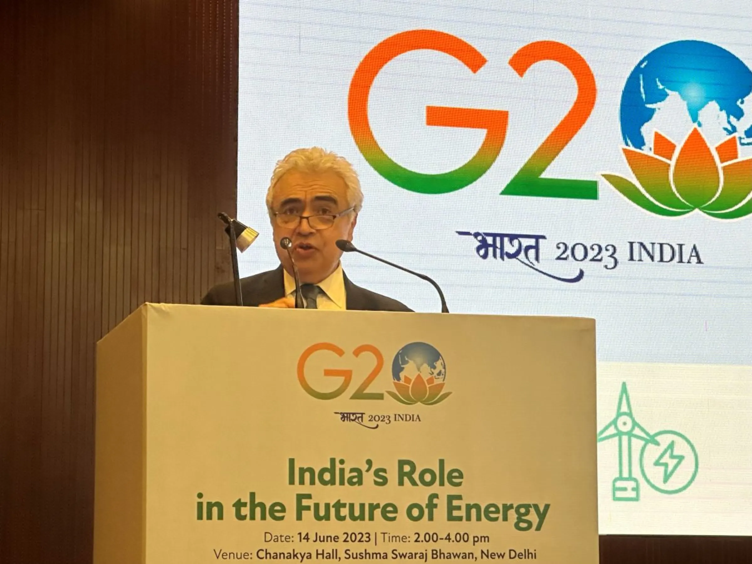 Fatih Birol, executive director of the International Energy Agency, speaks about the importance clean energy transition at a side event of G20 meetings in New Delhi, India, June 14, 2023
