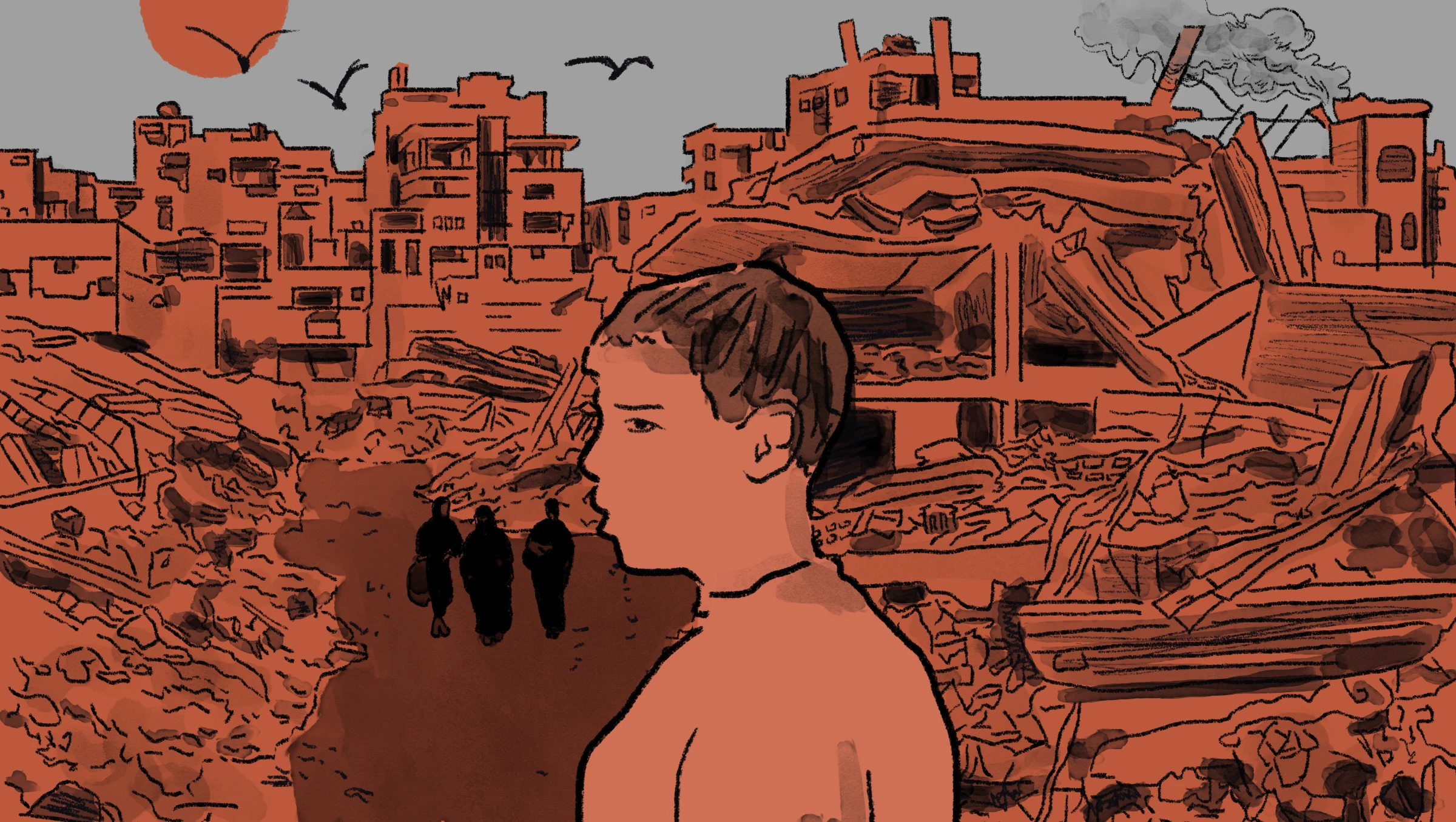 A person looks over the ruins of Gaza in this illustration. Thomson Reuters Foundation/Karif Wat