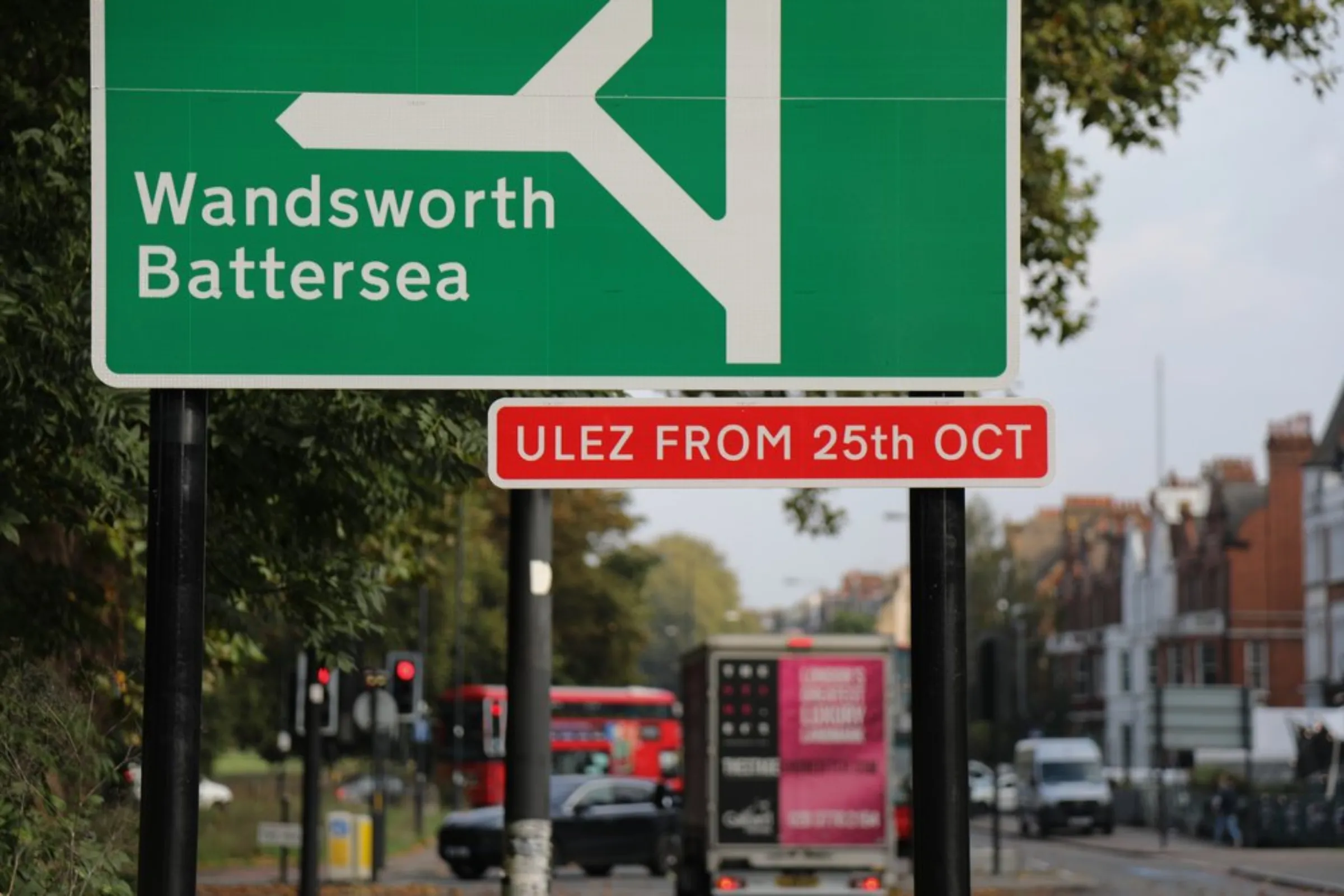 A sign advises drivers of an expansion of London’s Ultra Low Emissions Zone (ULEZ) which came into force on October 25, 2021. Vehicles not meeting ULEZ’s emission requirements face a daily charge of £12.50 for driving in the zone in London, England