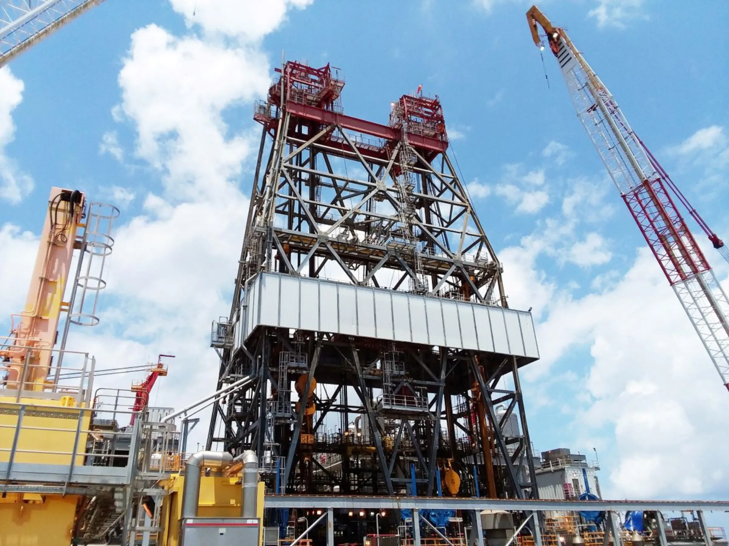 A massive drilling derrick is pictured on BP's Thunder Horse Oil Platform in the Gulf of Mexico, 150 miles from the Louisiana coast, May 11, 2017. REUTERS/Jessica Resnick-Ault