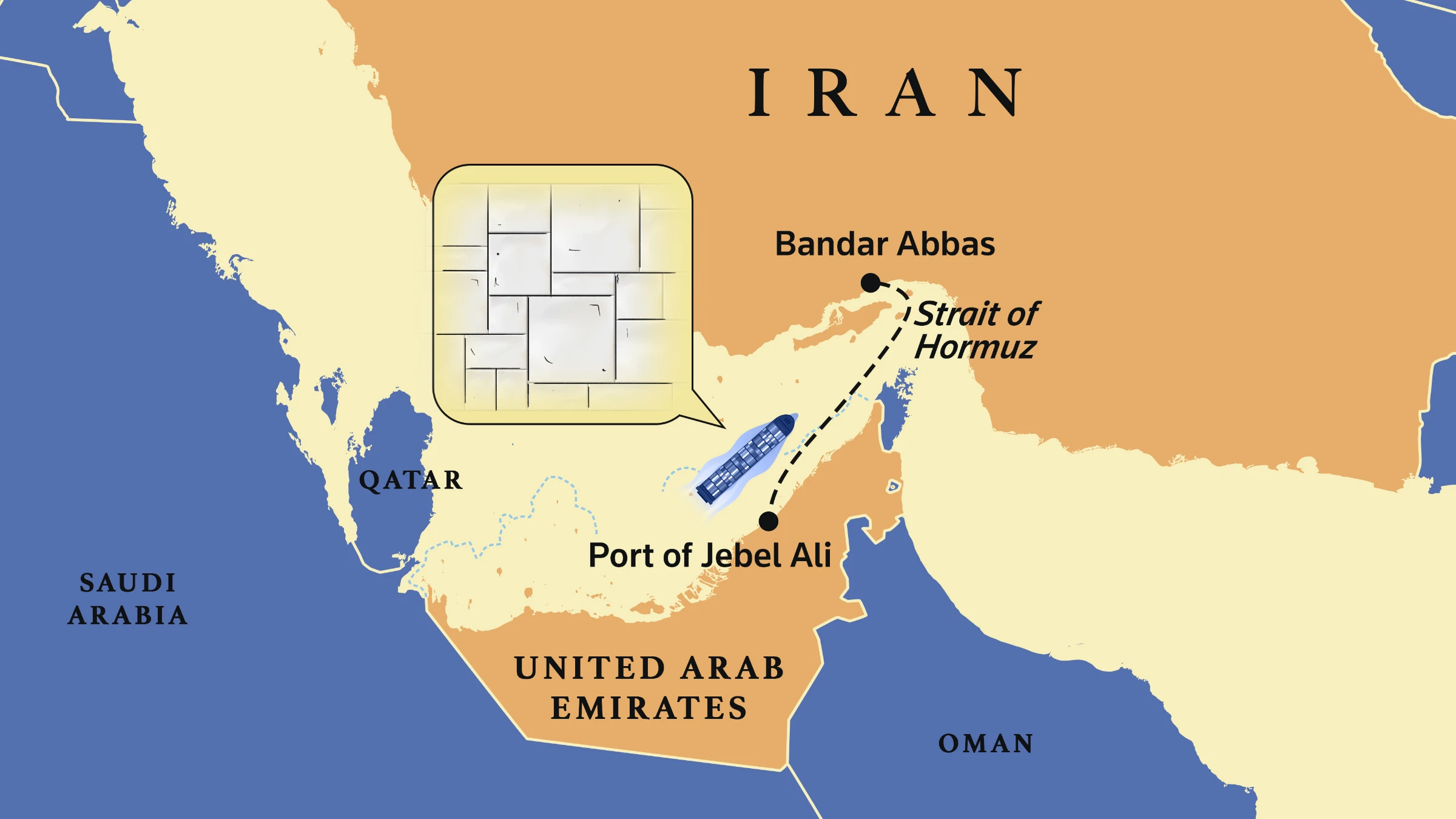An illustrative map shows the route of the SL Star's eight-hour journey back and forth from Bandar Abbas, across the Strait of Hormuz, to Jebel Ali port in Dubai in the United Arab Emirates, transporting construction materials. Thomson Reuters Foundation/Karif Wat