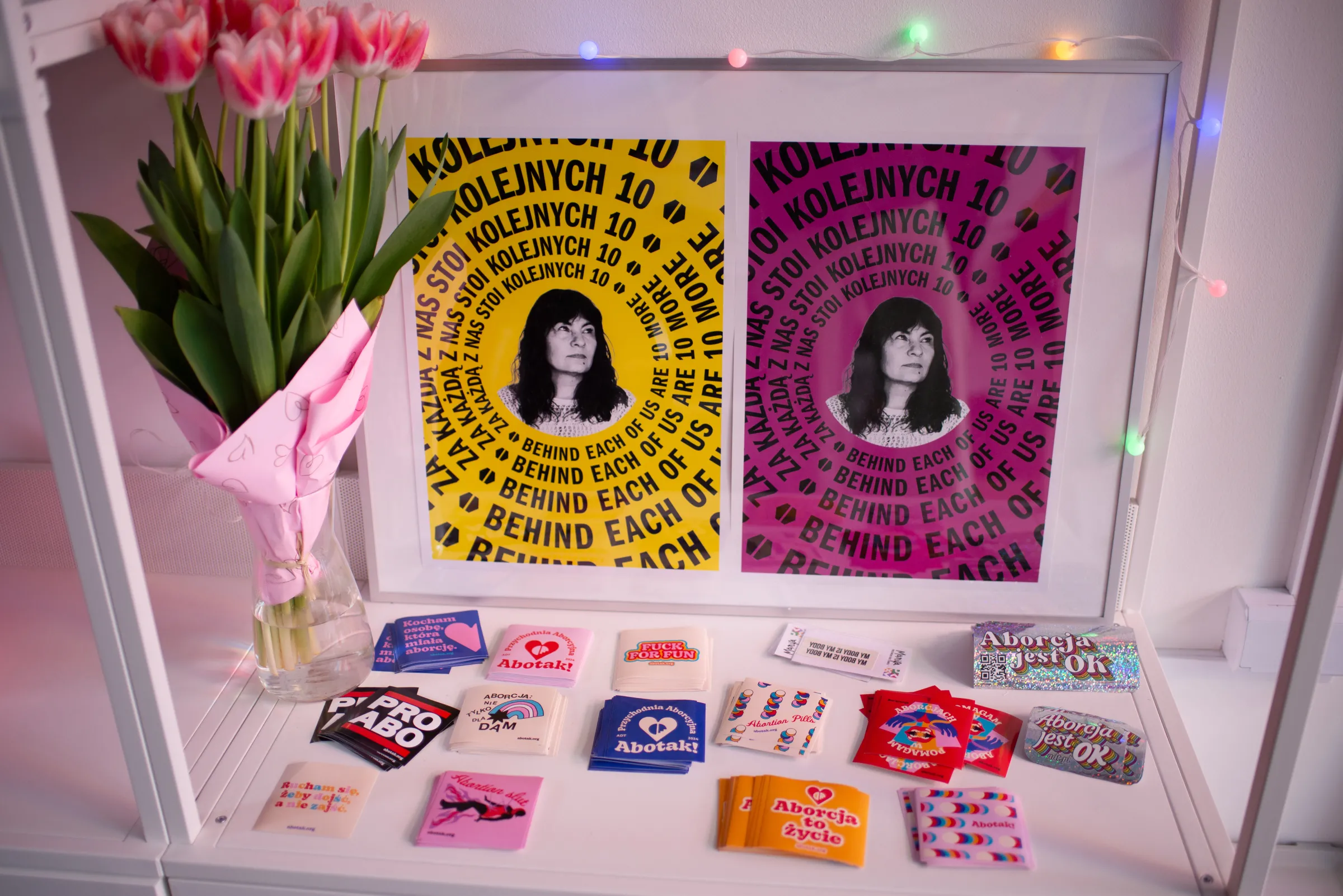 Stickers with pro-abortion slogans, such as 'abortion is life' and 'I love someone who's had an abortion', and posters in support of Justyna Wydrzyńska. April 10, 2025. Thomson Reuters Foundation/Ada Petriczko