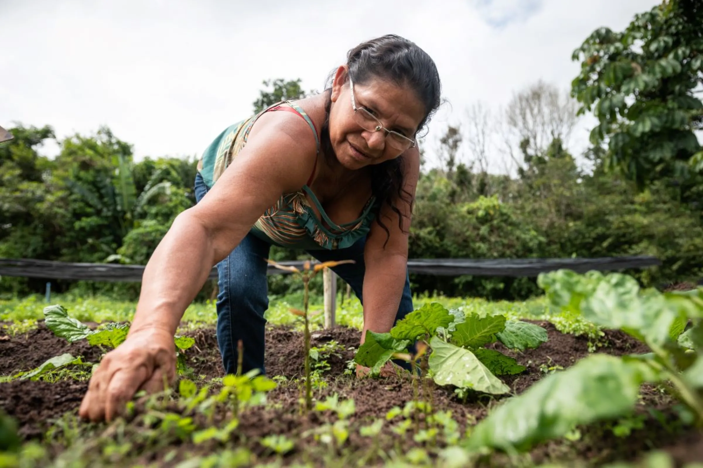 An Aprocamp member picks herbs at the co-operative’s garden in Pará, Brazil, January 18, 2023. Thomson Reuters Foundation/Cícero Pedrosa Neto