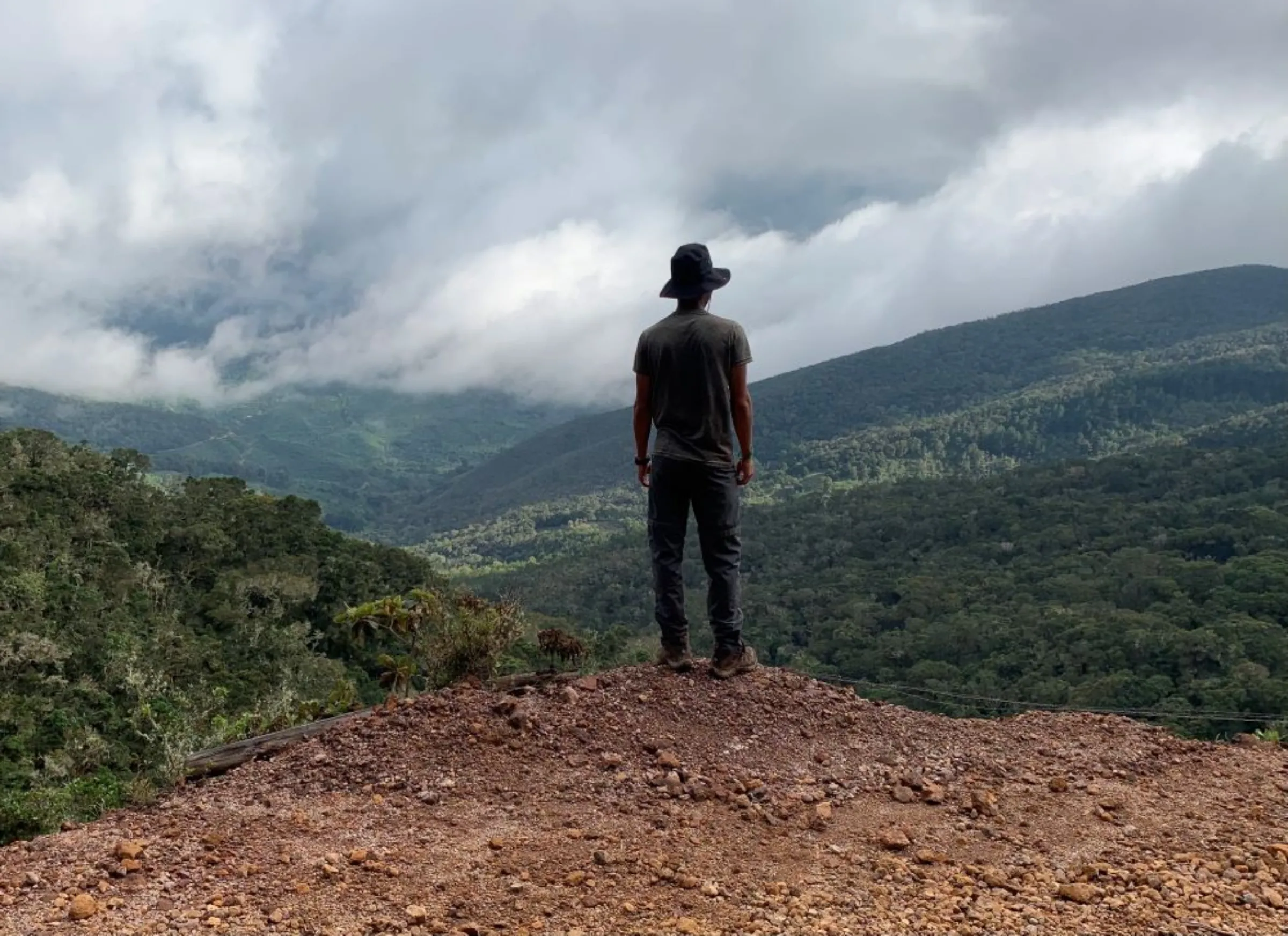Guide Alejandro Montoya gazes out over the highlands of Central Costa Rica from a backcountry trail, November 12 2022. The trail lies on the 174-mile Camino de Costa Rica footpath, that starts in Barra de Pacuare and finishes in Quepos, on the Pacific