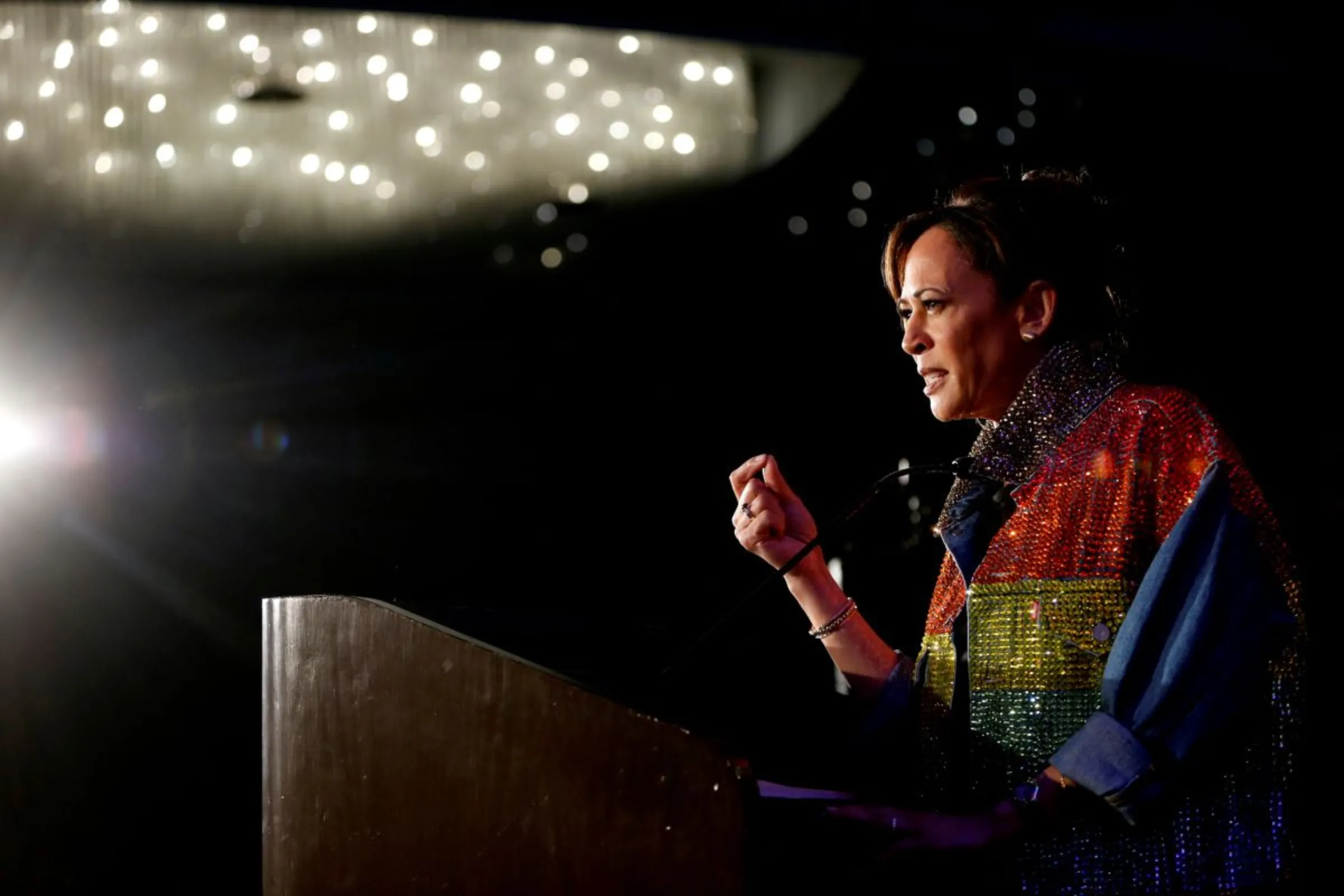 Democratic presidential candidate Kamala Harris speaks during the Alice B. Toklas Club Annual Pride Breakfast before taking part in the annual Pride parade in support of the LGBTQ community in San Francisco, California, U.S. June 30, 2019. REUTERS/Stephen Lam