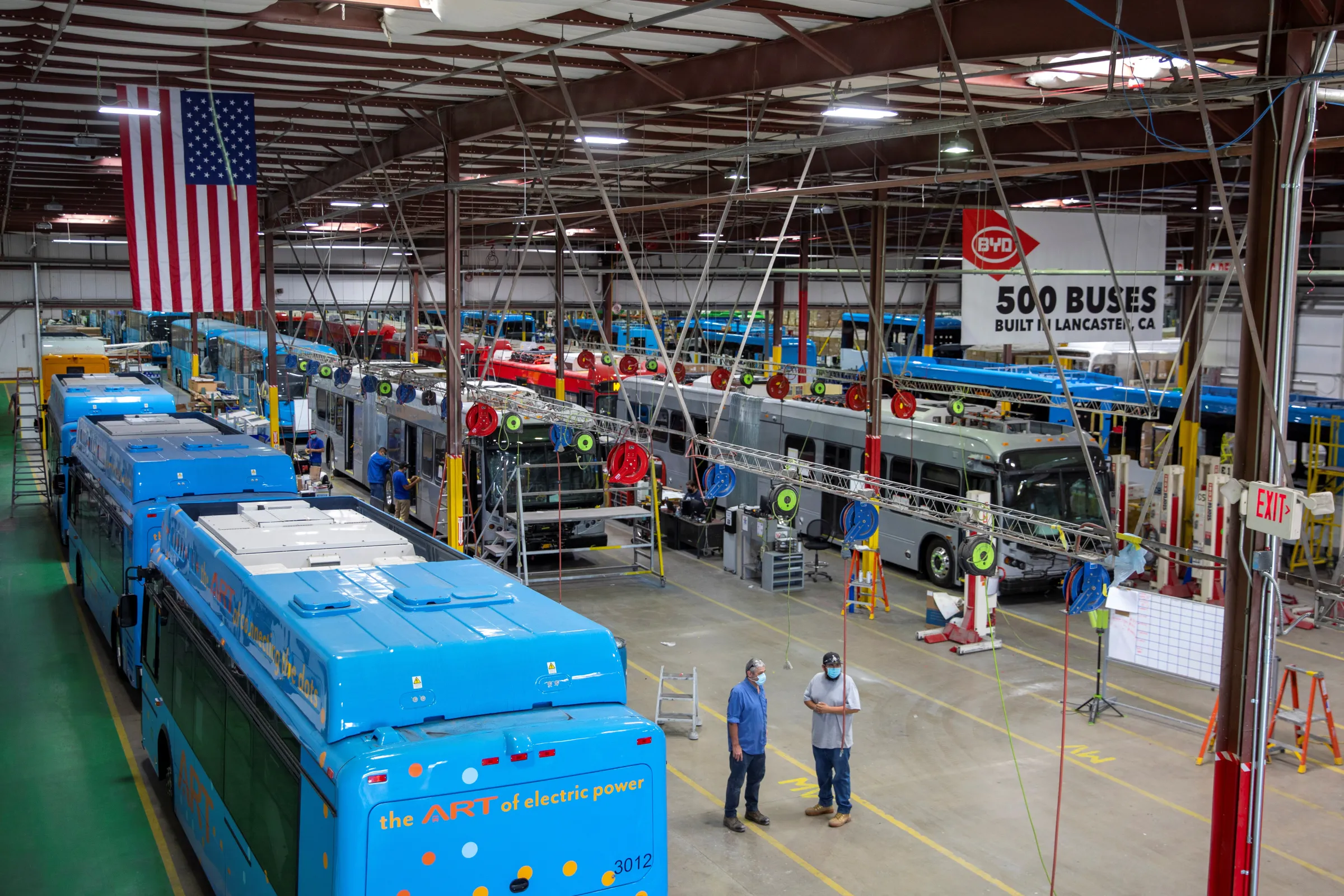 Buses are shown being built at the BYD electric bus factory in Lancaster, California, U.S., July 1, 2021