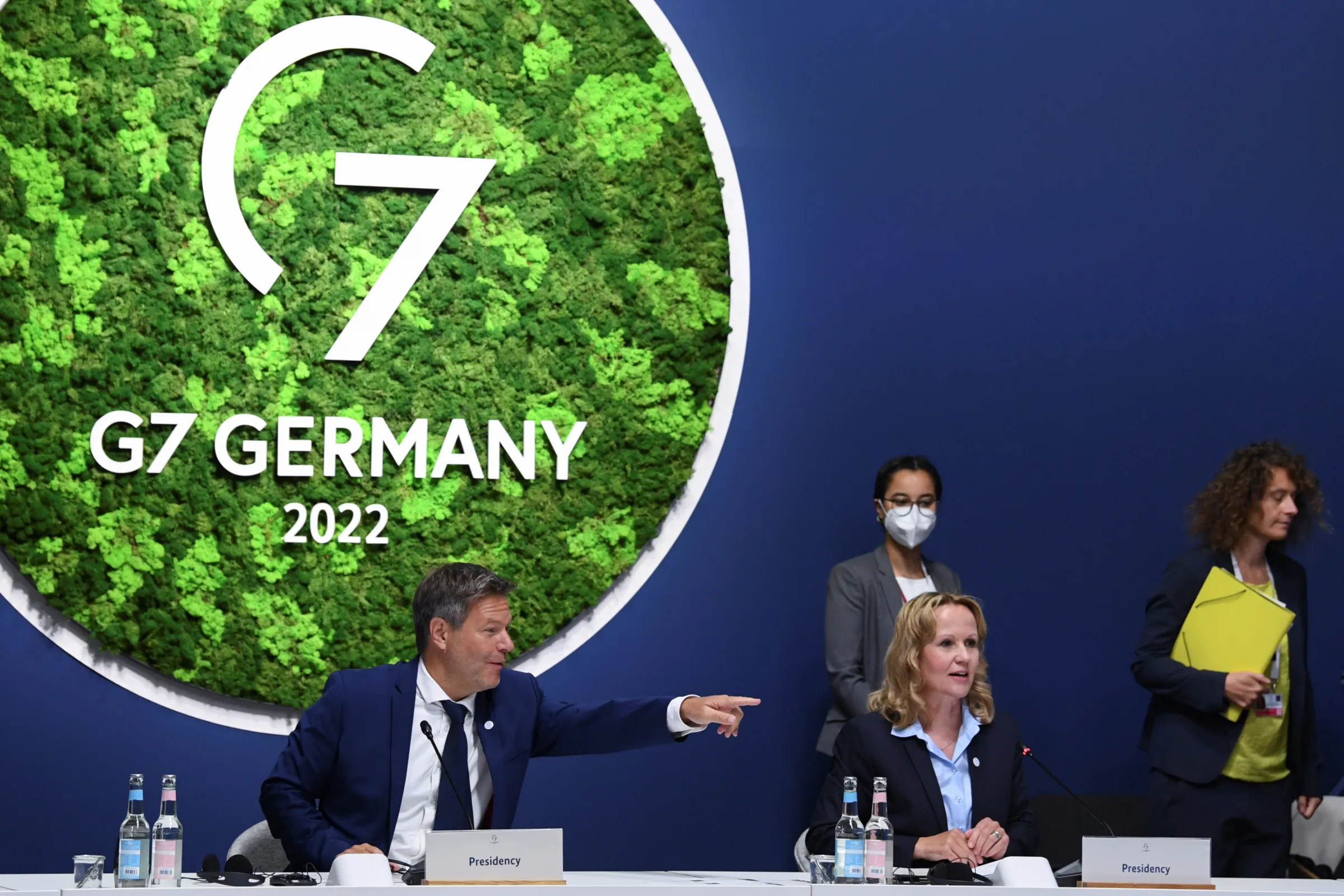 German Minister for Economic Affairs and Climate Action Robert Habeck and Minister for the Environment, Nature Conservation, Nuclear Safety and Consumer Protection Steffi Lemke react ahead of the meeting of the G7 Climate, Energy and Environment Ministers during the German G7 Presidency