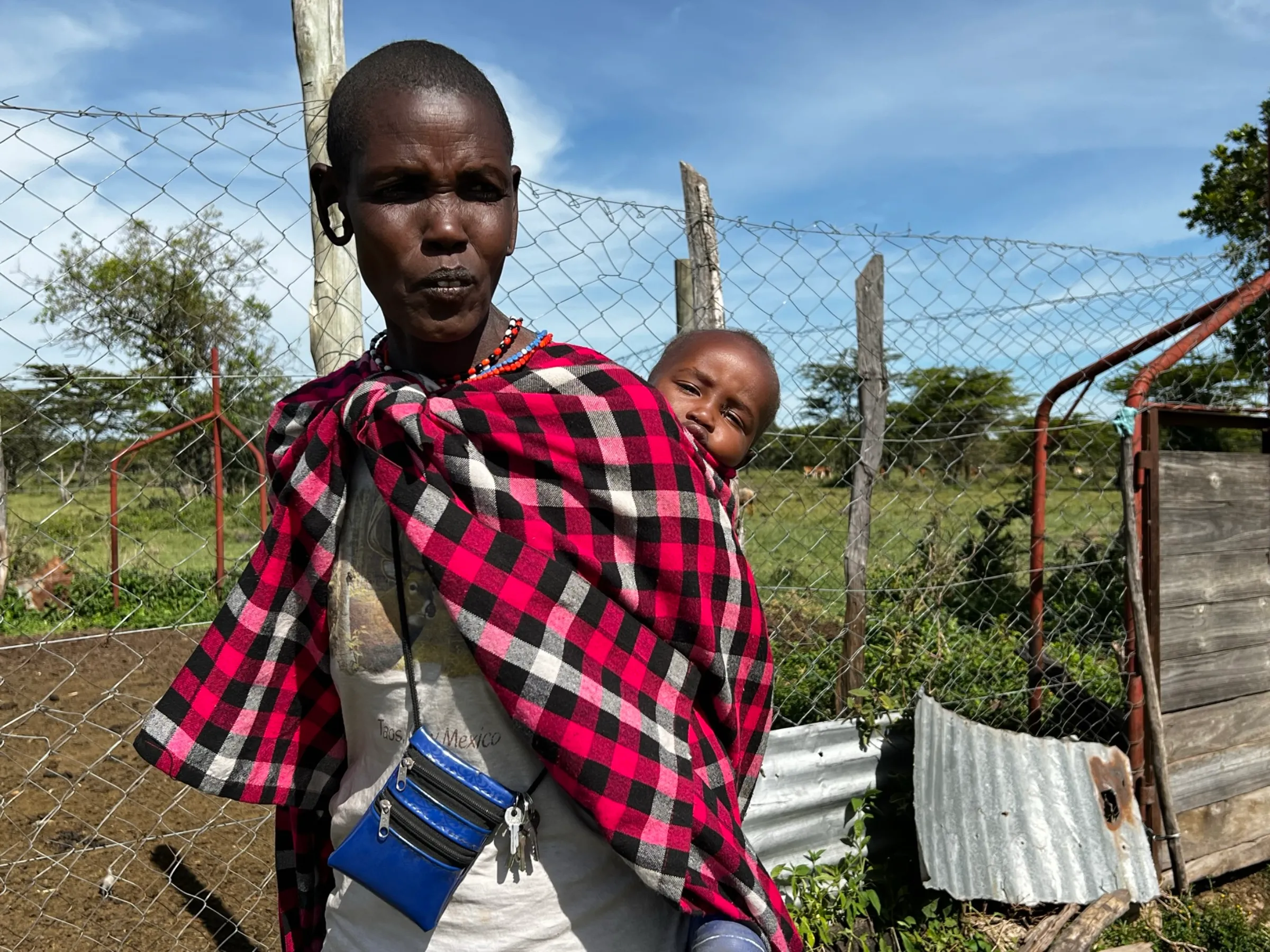 A Maasai woman stands by her fenced kraal for her livestock in Oloisukut Conservancy, bordering the Maasai Mara National Reserve, in Kenya on Sept 27, 2022. The 'predator-proof bomas' supplied by WWF Kenya helps to prevent lions attacking her cattle during droughts