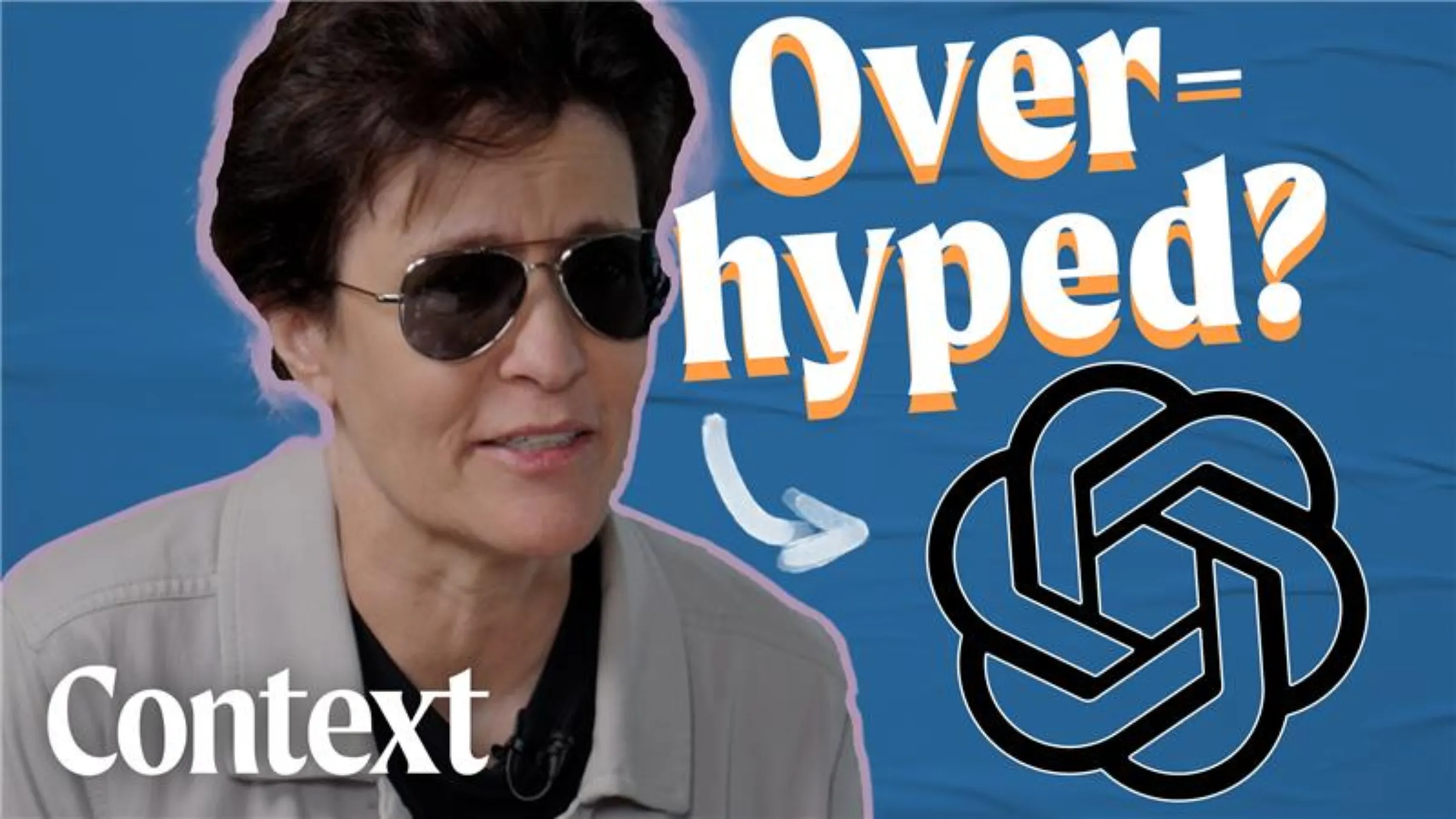 Kara Swisher is seen in this illustration photo alongside the words 'over-hyped?' pointing to the OpenAI logo. Thomson Reuters Foundation