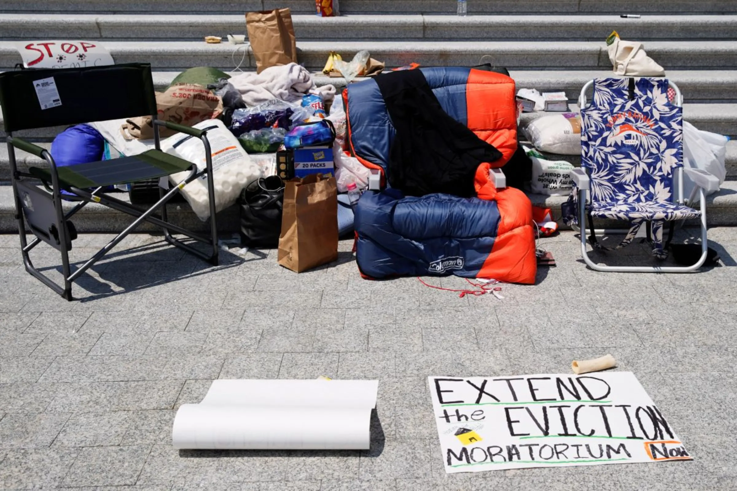 A sleeping bag is seen on the chair on the steps of the U.S. Capitol to highlight the upcoming expiration of the pandemic-related federal moratorium on residential evictions, in Washington, U.S., July 31, 2021