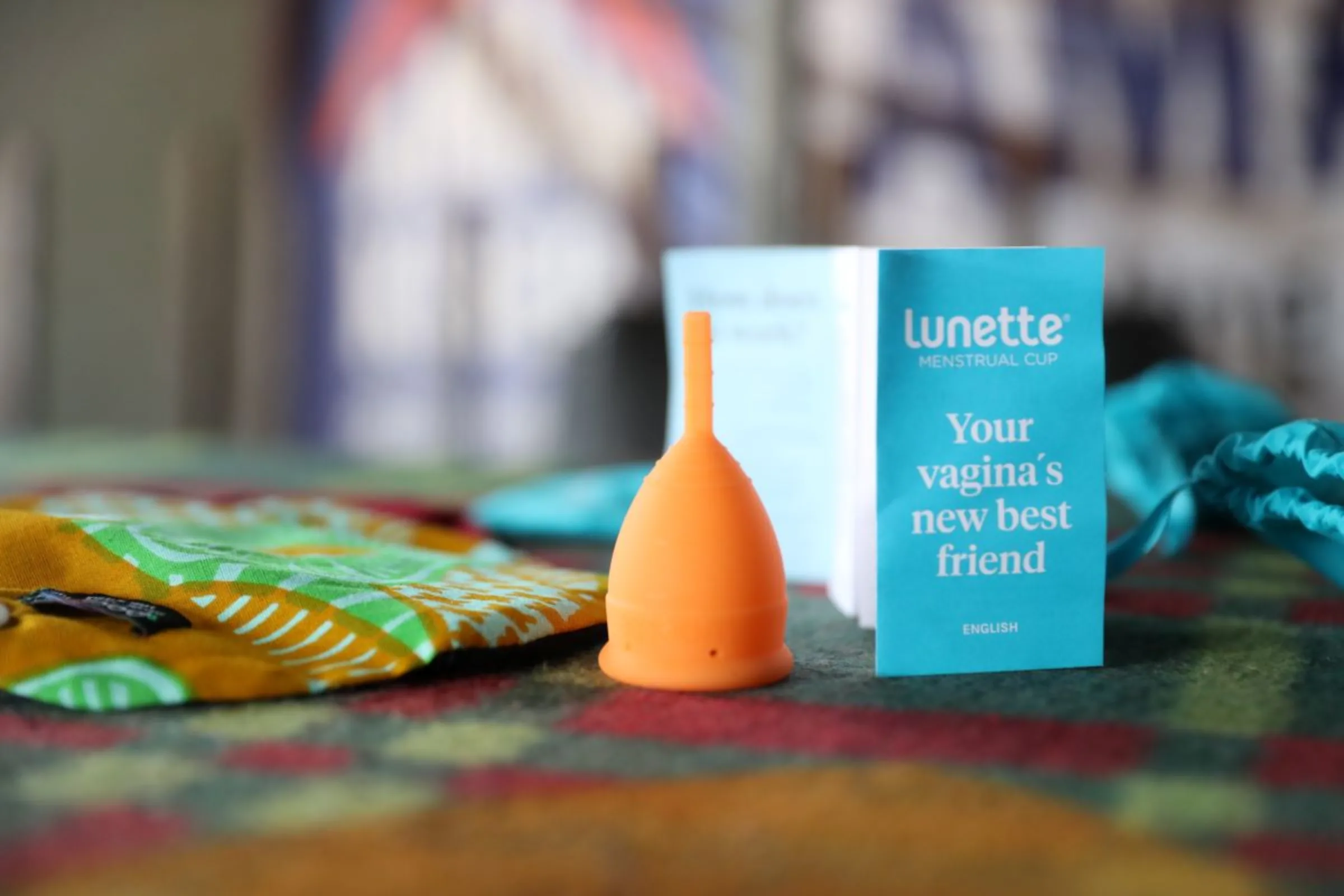 A menstrual cup and reusable pad on display at local charity Amani Kibera in Kibera informal settlement in Nairobi, Kenya on April 15, 2023. Low-income girls are missing out on classes because they cannot afford sanitary products